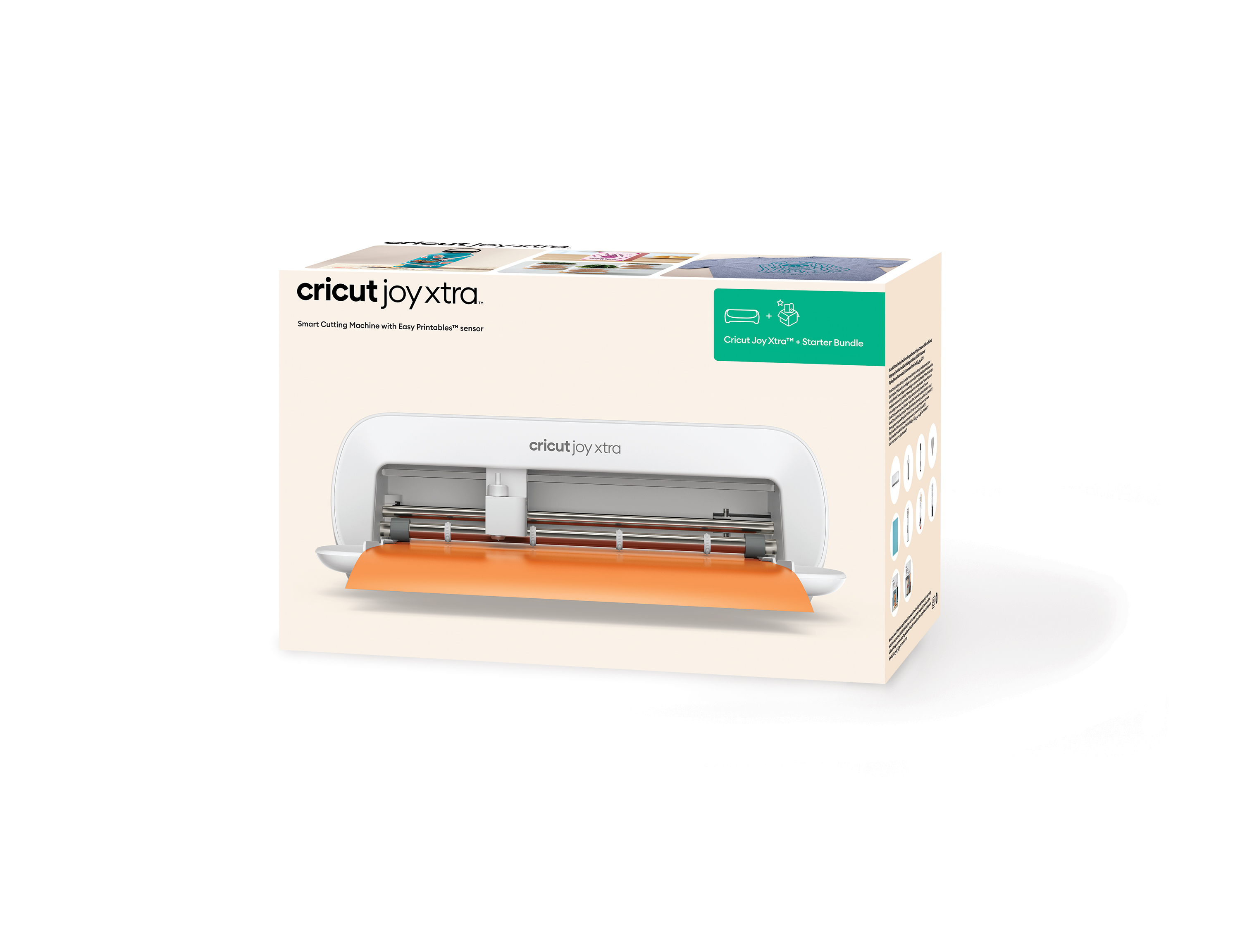 Cricut Joy Xtra Box mit Schneidemaschine und Starter-Bundle. Weißer Hintergrund.