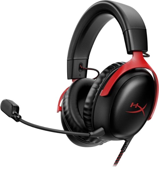 Siyah ve kırmızı HyperX oyun kulaklığı, mikrofonlu. Beyaz zemin.
