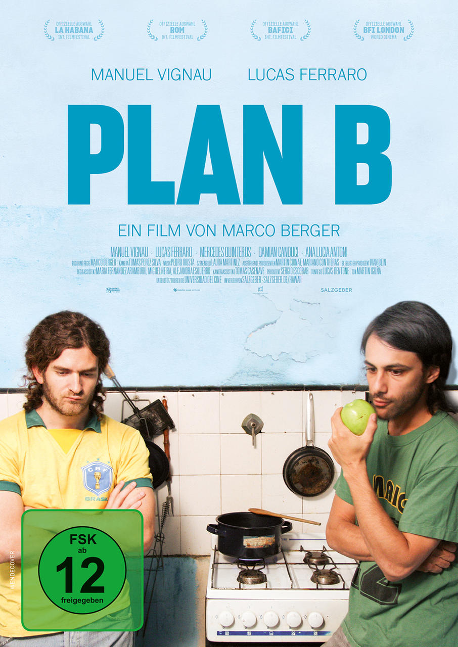 Filmposter für 'Plan B' mit zwei Männern, einer hält einen Apfel, vor einer Küche.