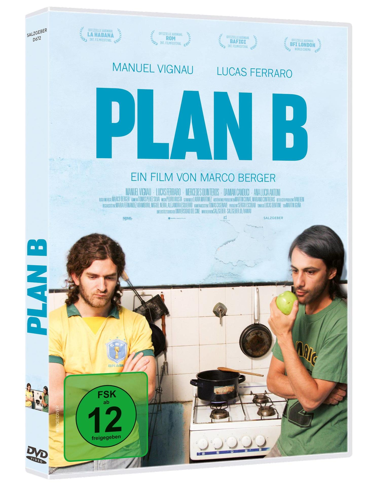 DVD-Cover. Zwei Männer in einer Küche mit einem grünen Apfel. Text: PLAN B in Blau.