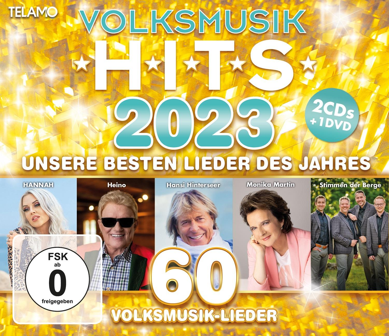 Albumcover 'Volksmusik Hits 2023'. Musiker und Text vor goldenem Hintergrund.
