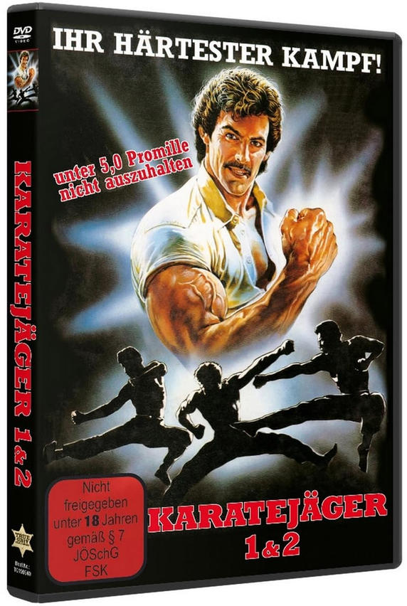 DVD-Cover: Mann zeigt Muskeln, drei Figuren machen Kampfsport darunter.