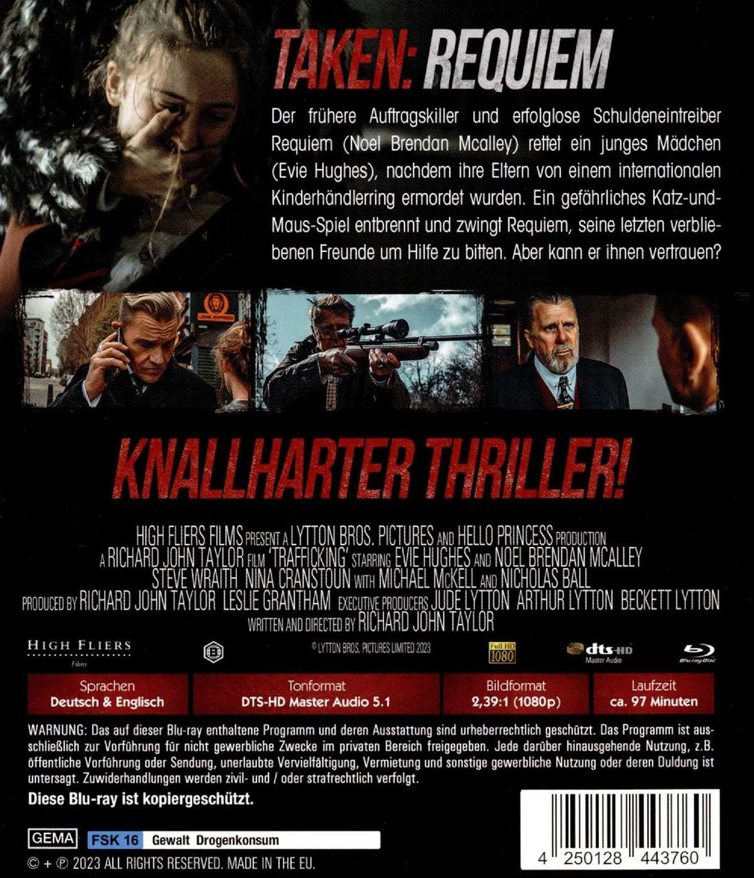 Film-DVD-Cover mit einem Bild von Menschen und Text. Der Titel lautet Taken: Requiem. Der Text ist auf Deutsch.