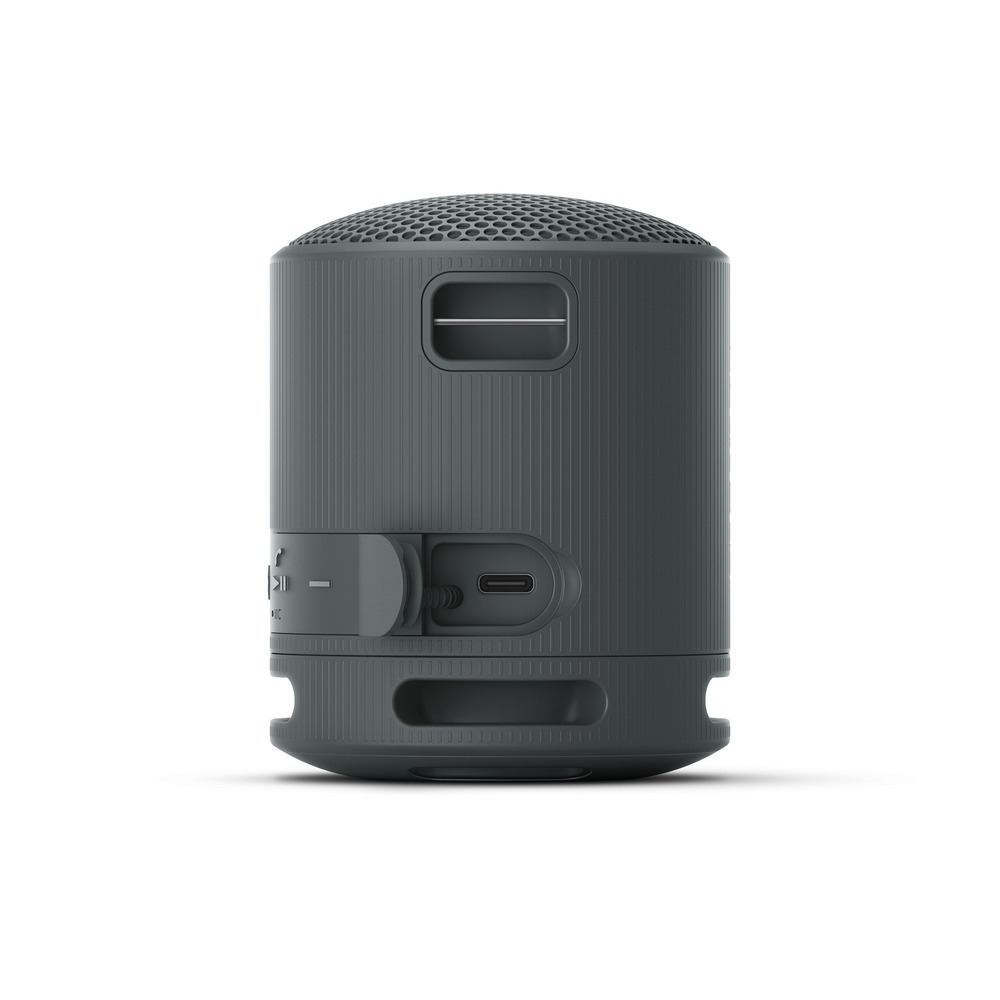 Altavoz cilíndrico gris con puertos.