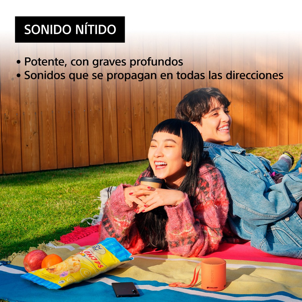 Dos personas sonriendo sobre la hierba. Texto: sonido claro. Bolsa de snacks, teléfono, naranja y altavoz.