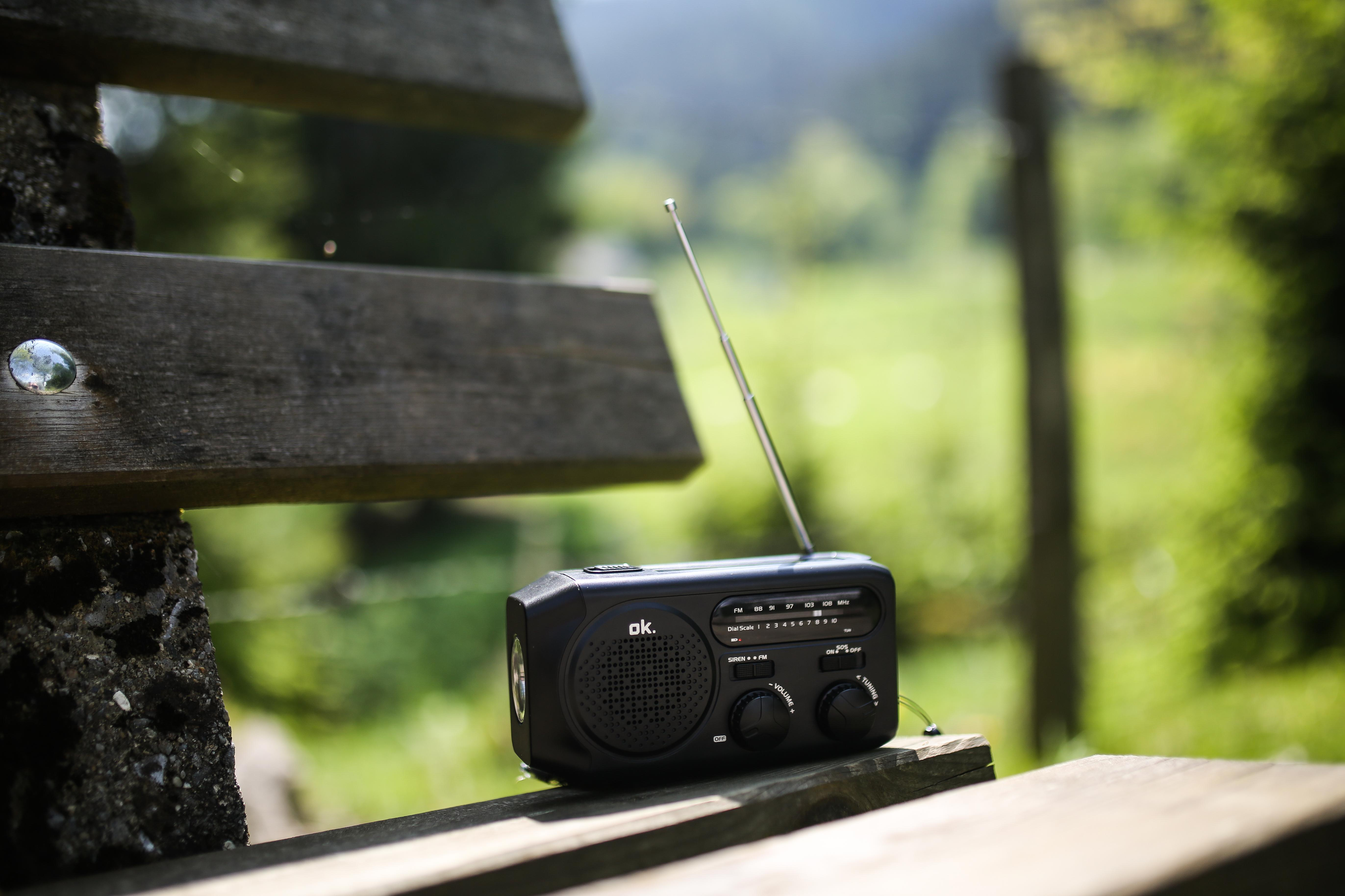 Schwarzes Radio auf einer Holzbank, mit grünem Hintergrund.