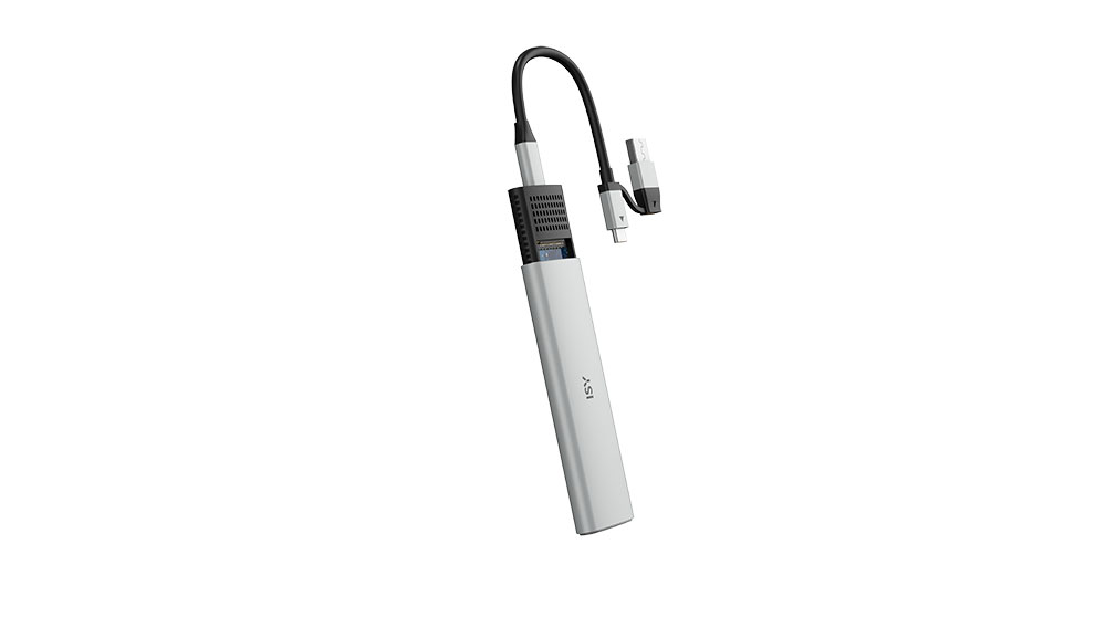 A silver ISY USB-C adapter with multiple connection options.