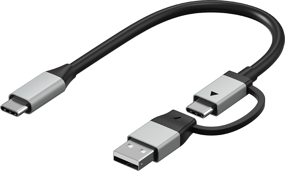 A black and silver USB-C to USB-A and USB-C cable for data transfer and charging.