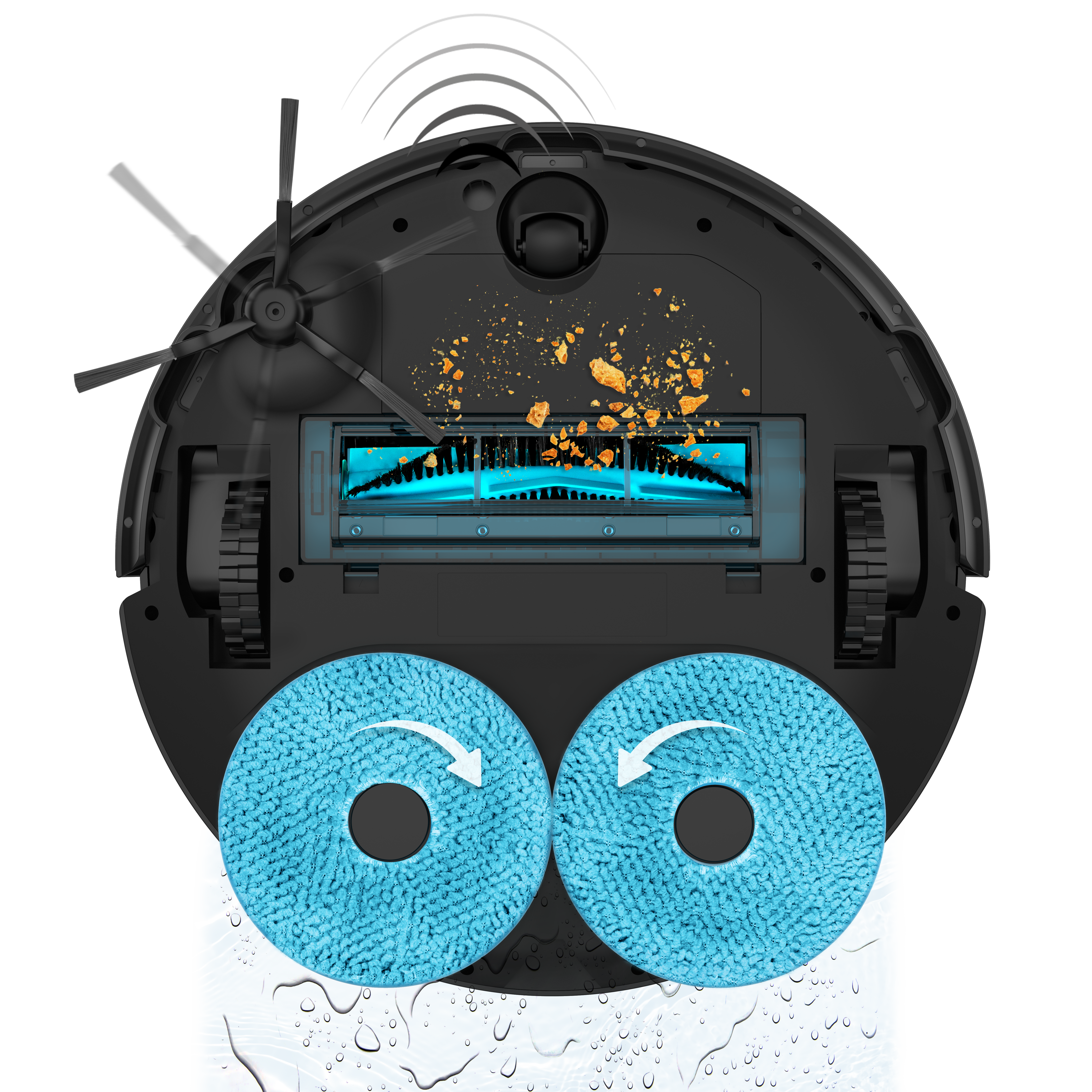 Aspiradora robot, vista inferior, con cepillos y dos almohadillas de limpieza azules.