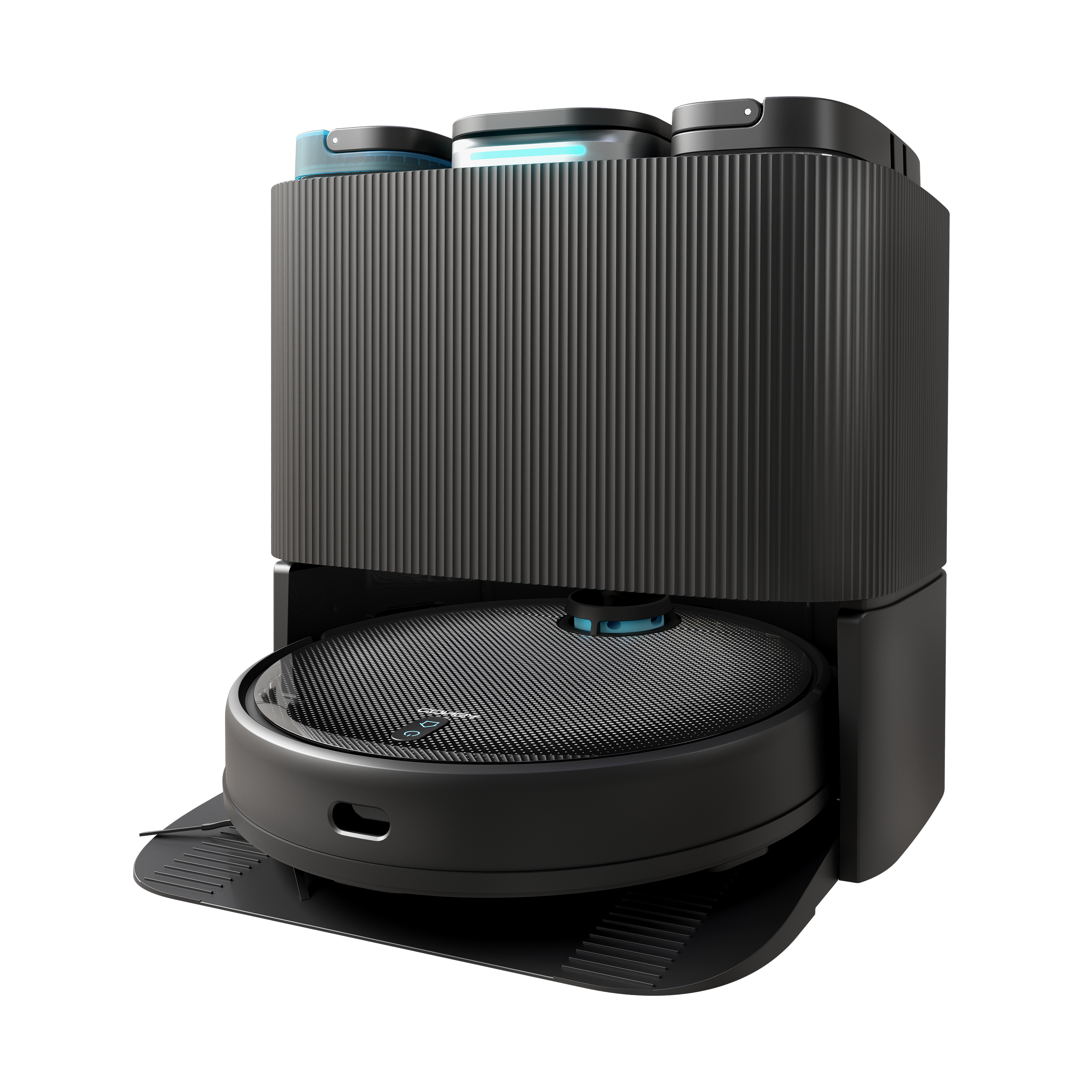 Aspiradora robot negra. Tiene una base redonda y tres compartimentos en la parte superior.