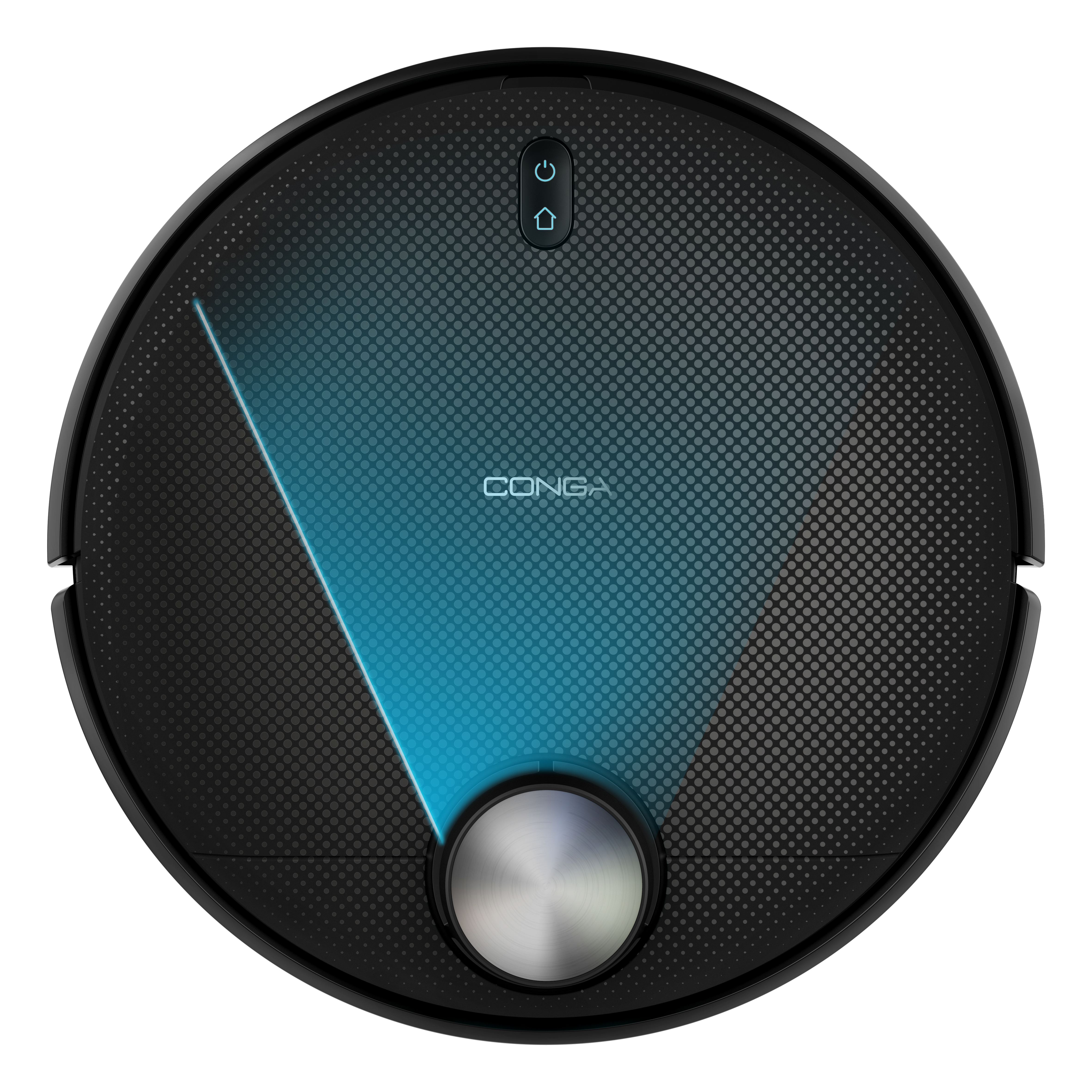 Aspiradora robot redonda negra con luz azul.