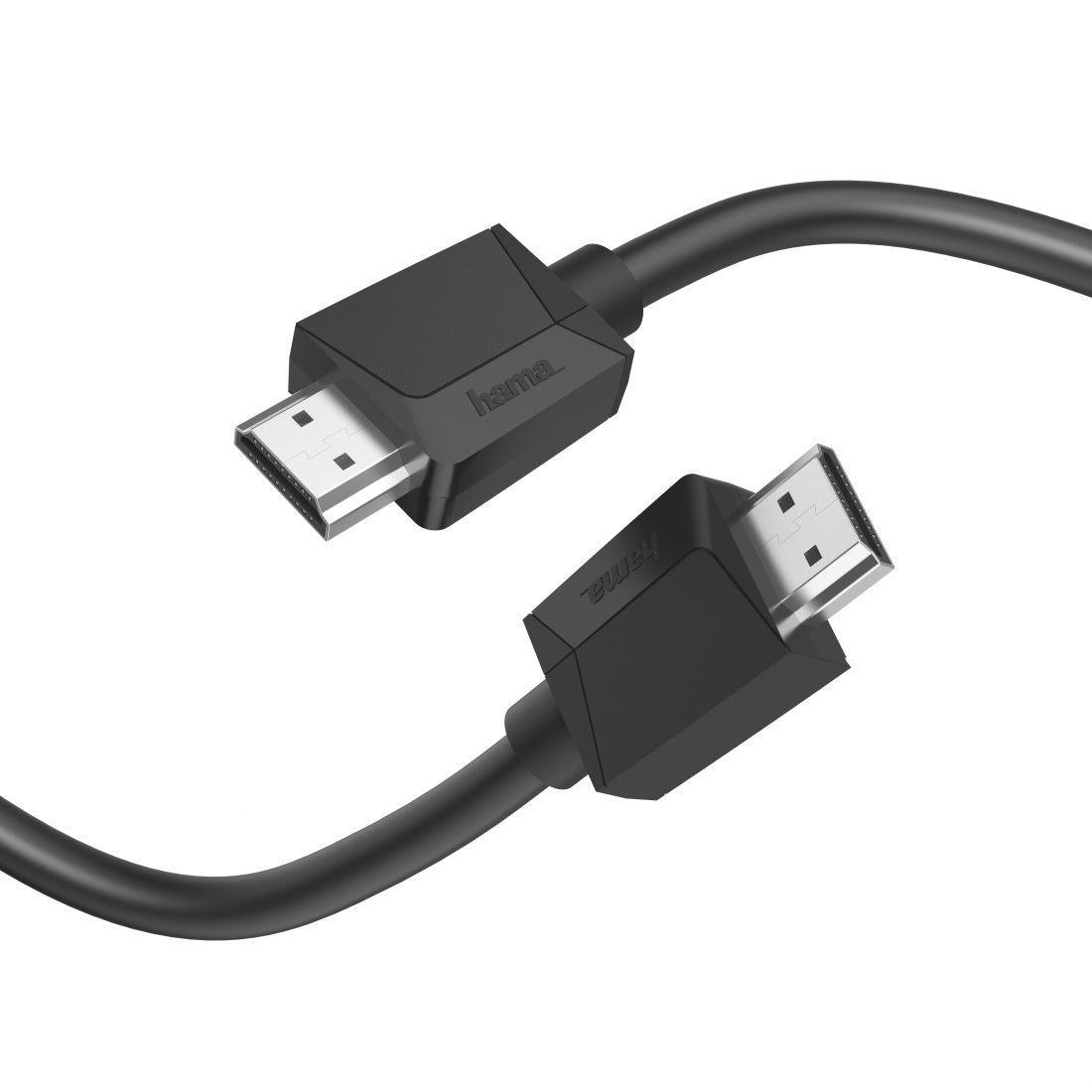 Dos cables HDMI negros conectados, con el logotipo 'hama' en los conectores, sobre un fondo blanco.