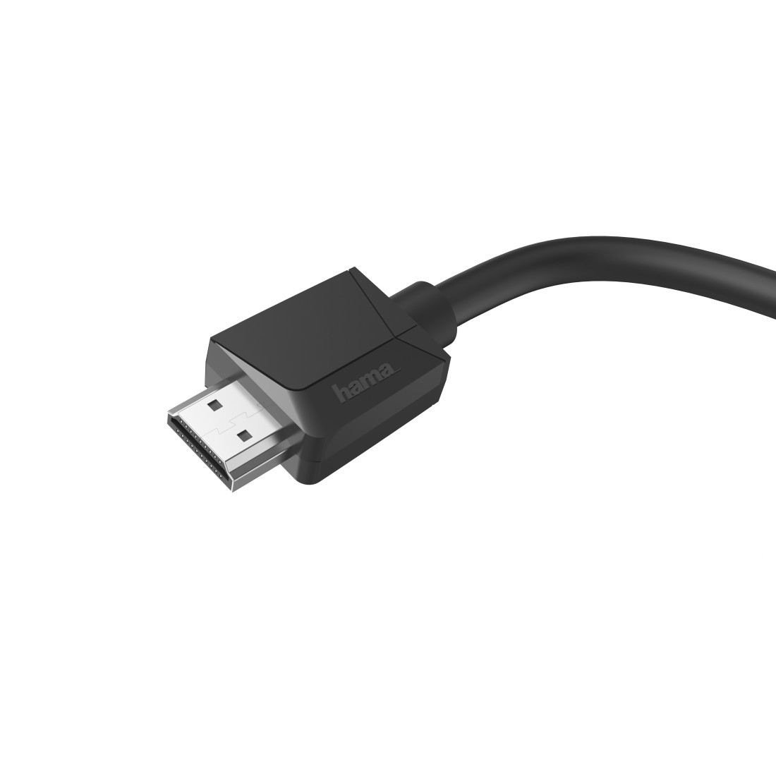 Cable HDMI negro con conector, primer plano sobre fondo blanco.