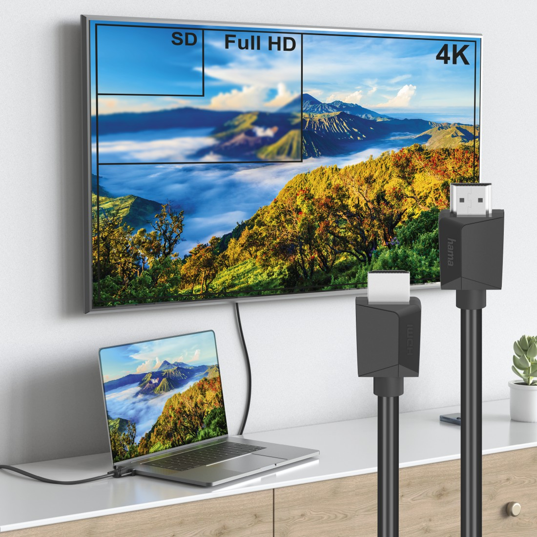 Un televisor mostrando diferentes resoluciones, con un portátil y cables HDMI.