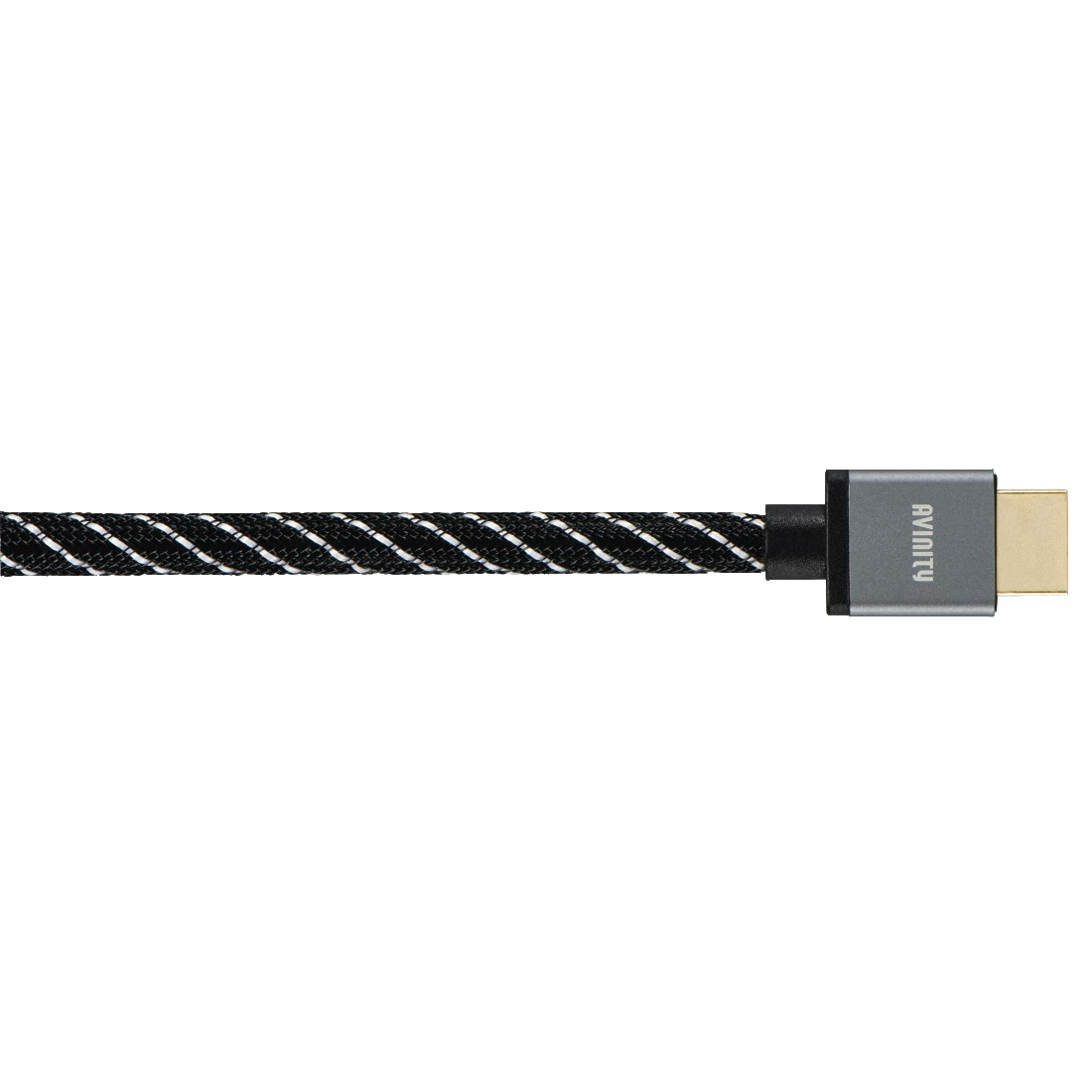 Un cable HDMI blanco y negro con 'AVinity' en el conector.