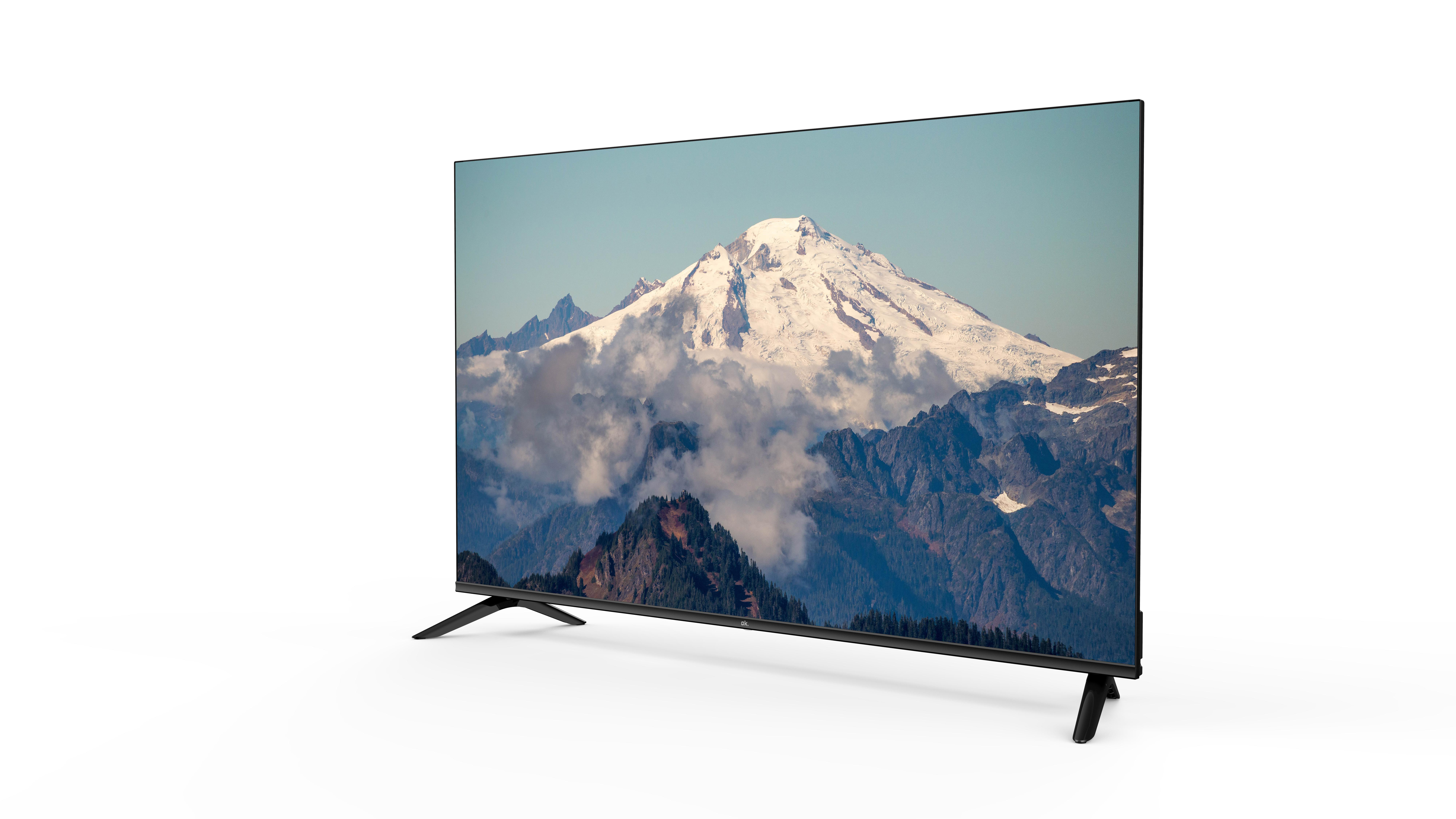 TV-Bildschirm mit Berg, Schnee, Himmel. Der Fernseher ist schwarz, auf weißem Hintergrund.