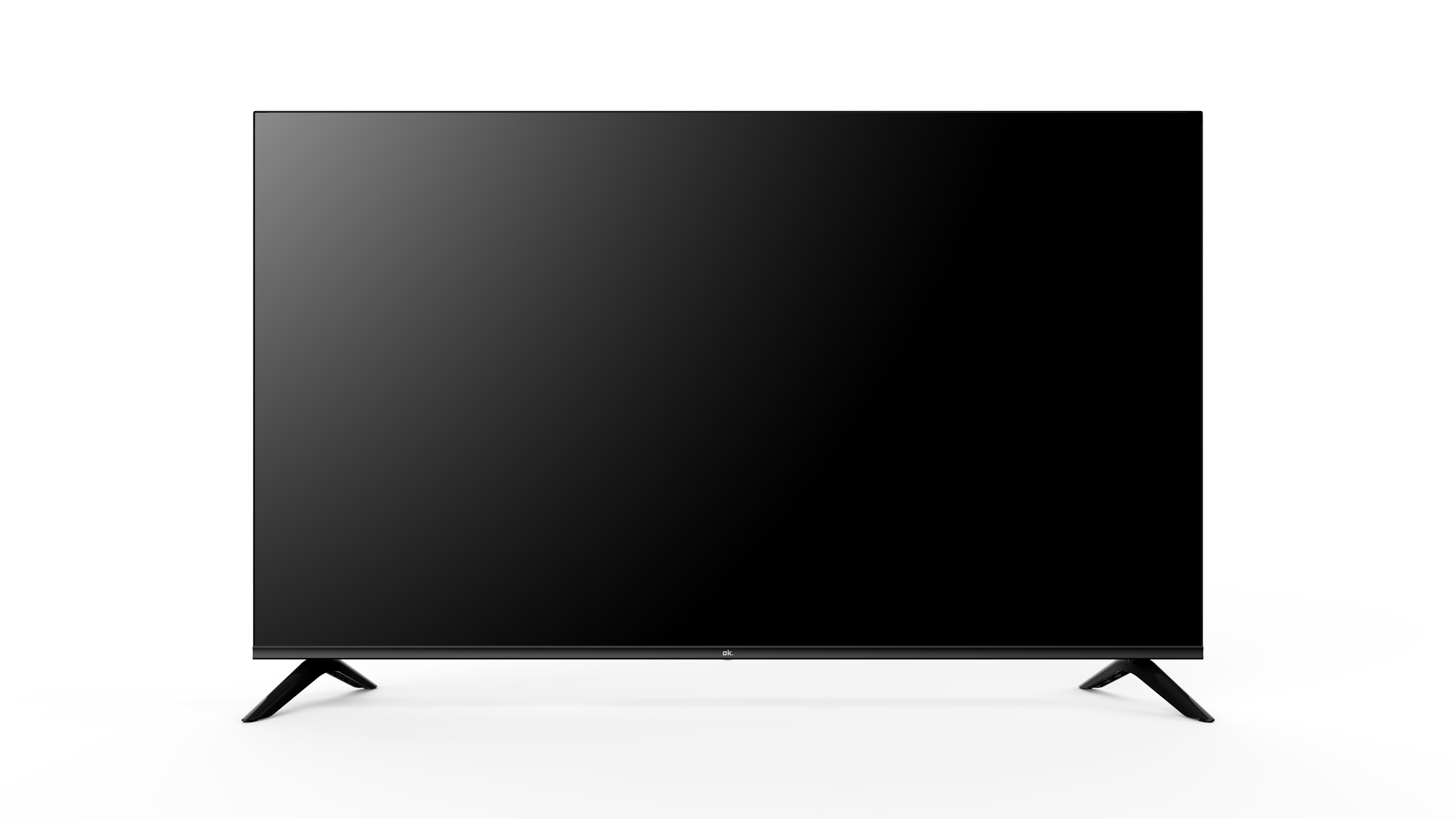 Schwarzbild-Fernseher. Schwarze Beine. Weißer Hintergrund. Der Fernseher ist eingeschaltet.