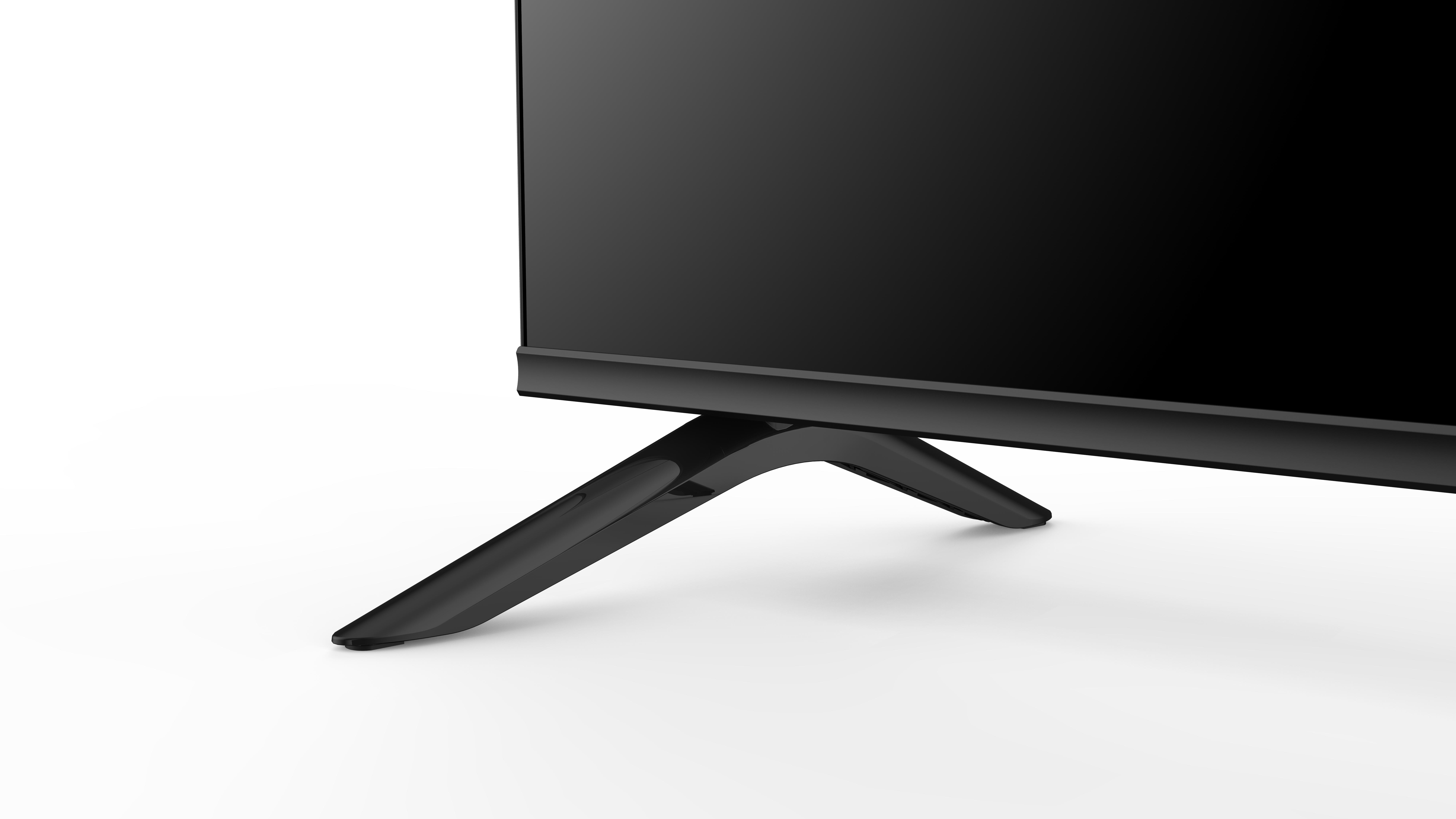 TV-Ständerbeine. Schwarzes, abgewinkeltes und elegantes Design. Weißer Hintergrund.
