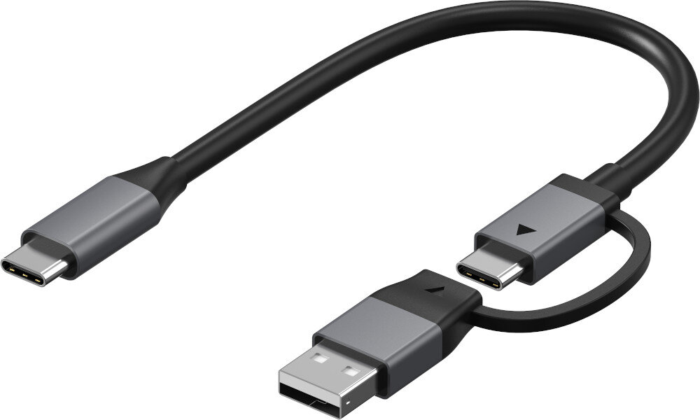 Czarny i szary kabel USB. Rozdziela się na złącze USB i USB-C.