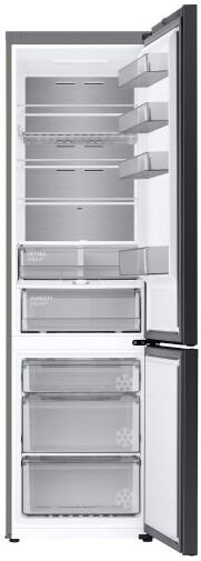 Otwarta lodówka z uporządkowanymi półkami, przezroczystymi szufladami i drzwiami ze stali nierdzewnej.