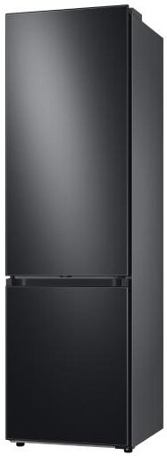 Czarna lodówka z dwiema drzwiami. Góra gładka, dół z szufladą.