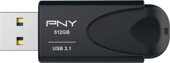 Clé USB 3.1 PNY noire. Le lecteur porte la marque PNY et une capacité de 512 Go.