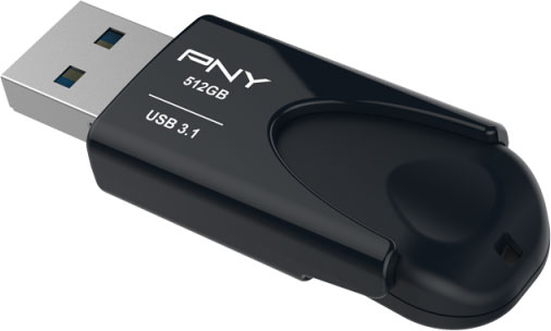 Clé USB noire avec logo PNY et marquages USB 3.1. Connecteur argenté en haut.