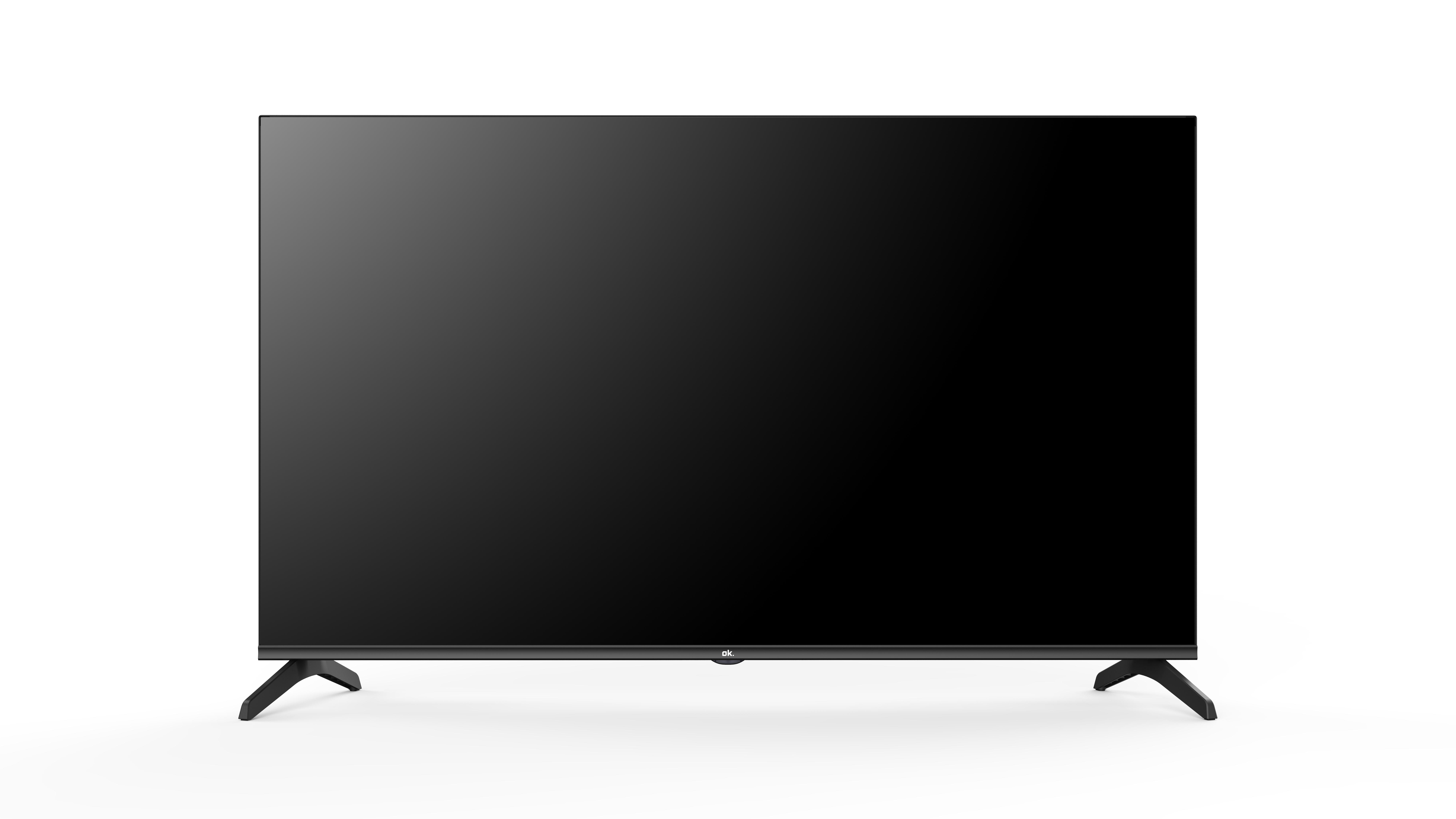 Großer schwarzer Flachbildfernseher. Der Bildschirm ist aus und zeigt ein schwarzes Bild.