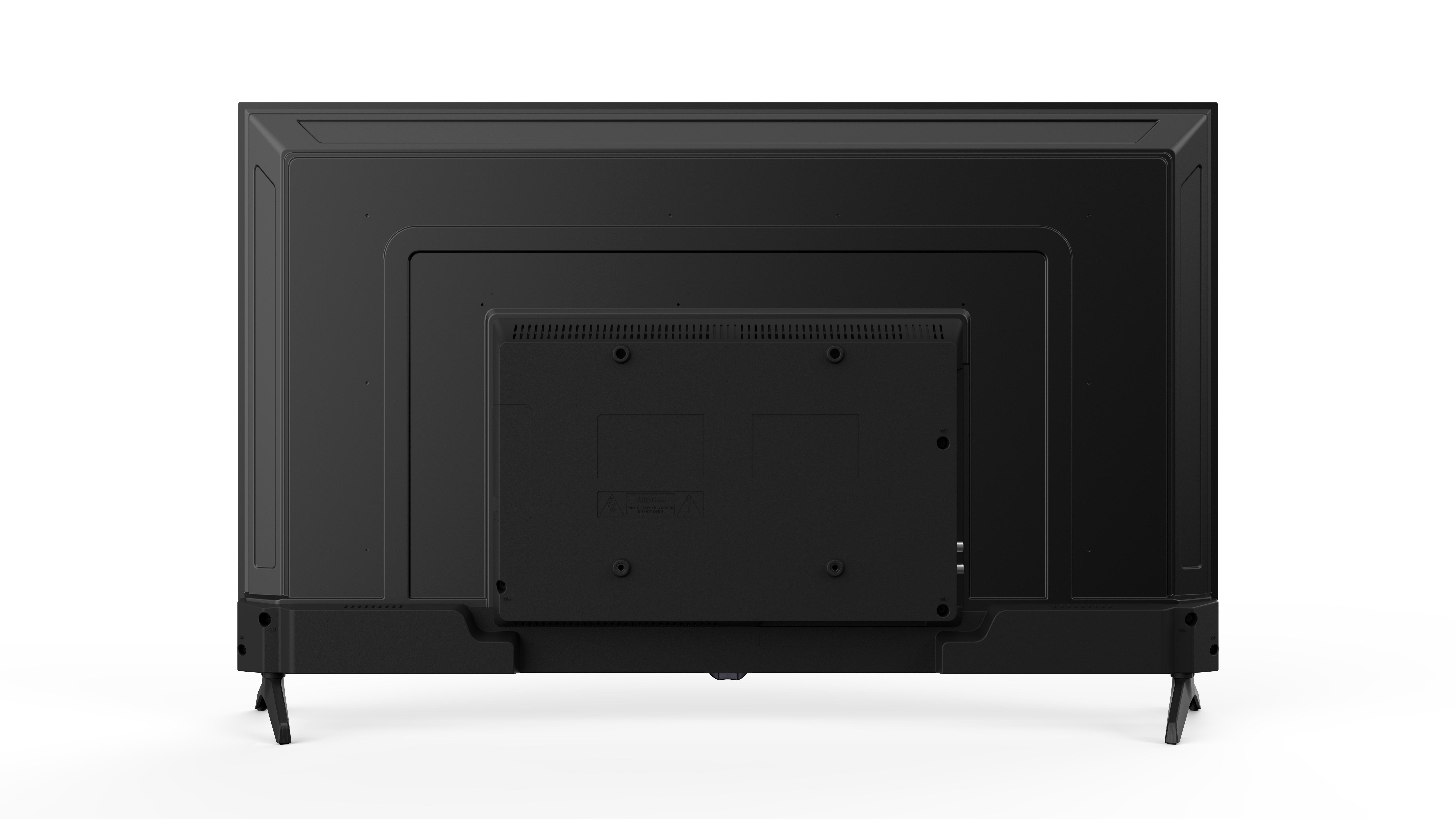 Rückseite eines schwarzen Fernsehers. Zeigt die Rückwand mit Anschlüssen und Befestigungspunkten, auf weißem Grund.