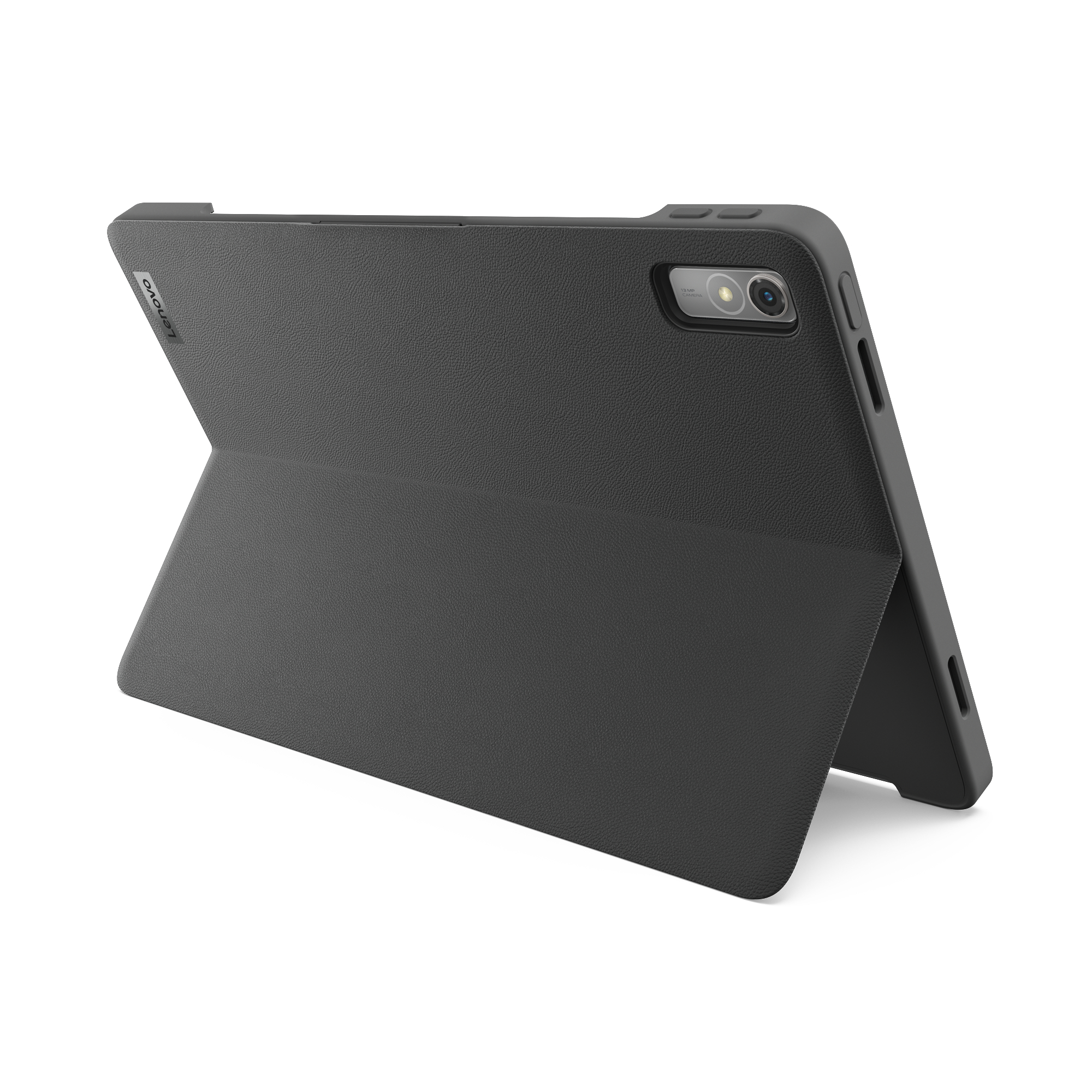 Geöffnete schwarze Tablethülle, die die Kamera des Tablets zeigt.