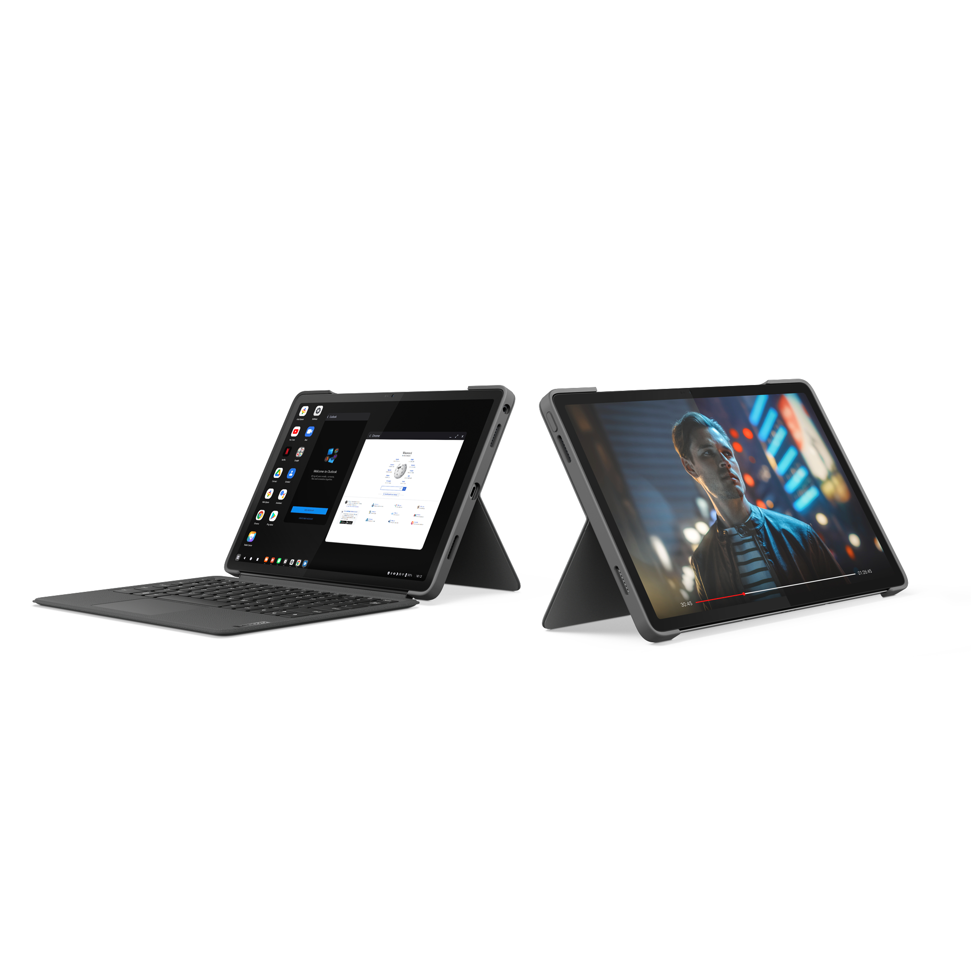 Zwei Tablets, eines mit Tastatur. Eines zeigt einen Bildschirm, das andere einen Film.