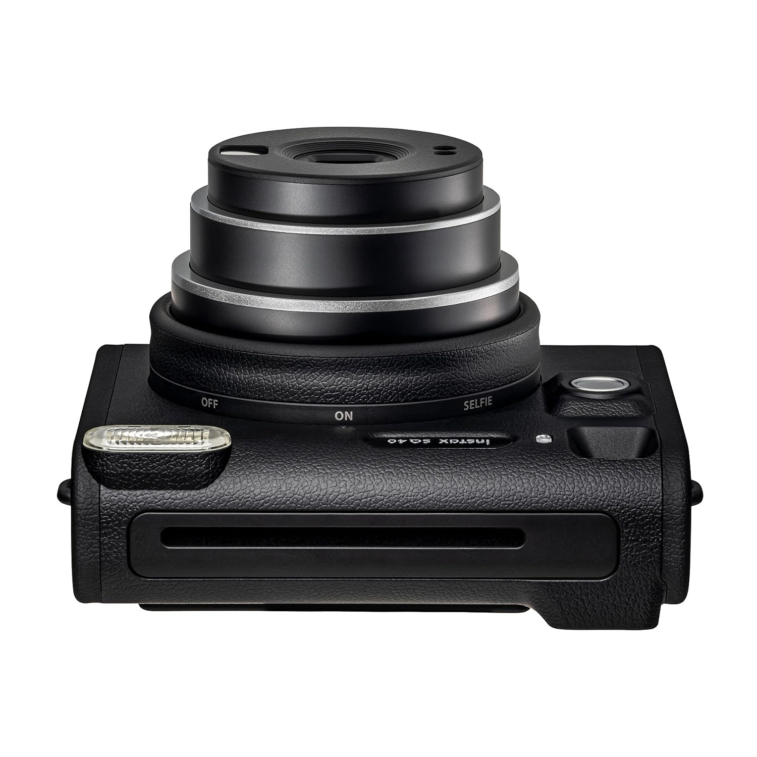 Fotocamera Instax SQ40 nera con obiettivo sopra, pulsanti e flash.