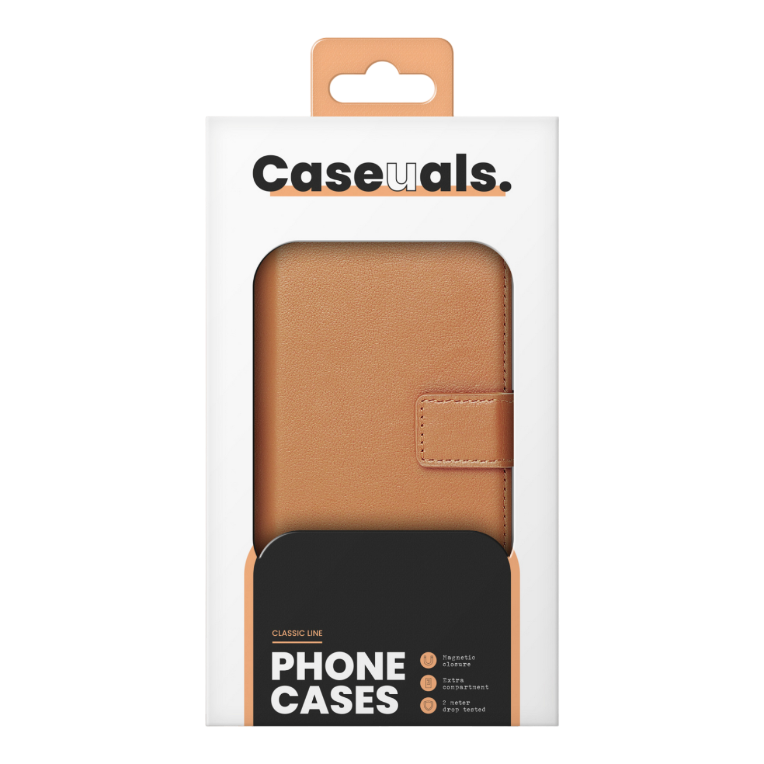 Telefoonhoesjesdoos, bruine lederen hoesje binnenin, merknaam 'Caseuals' in wit.
