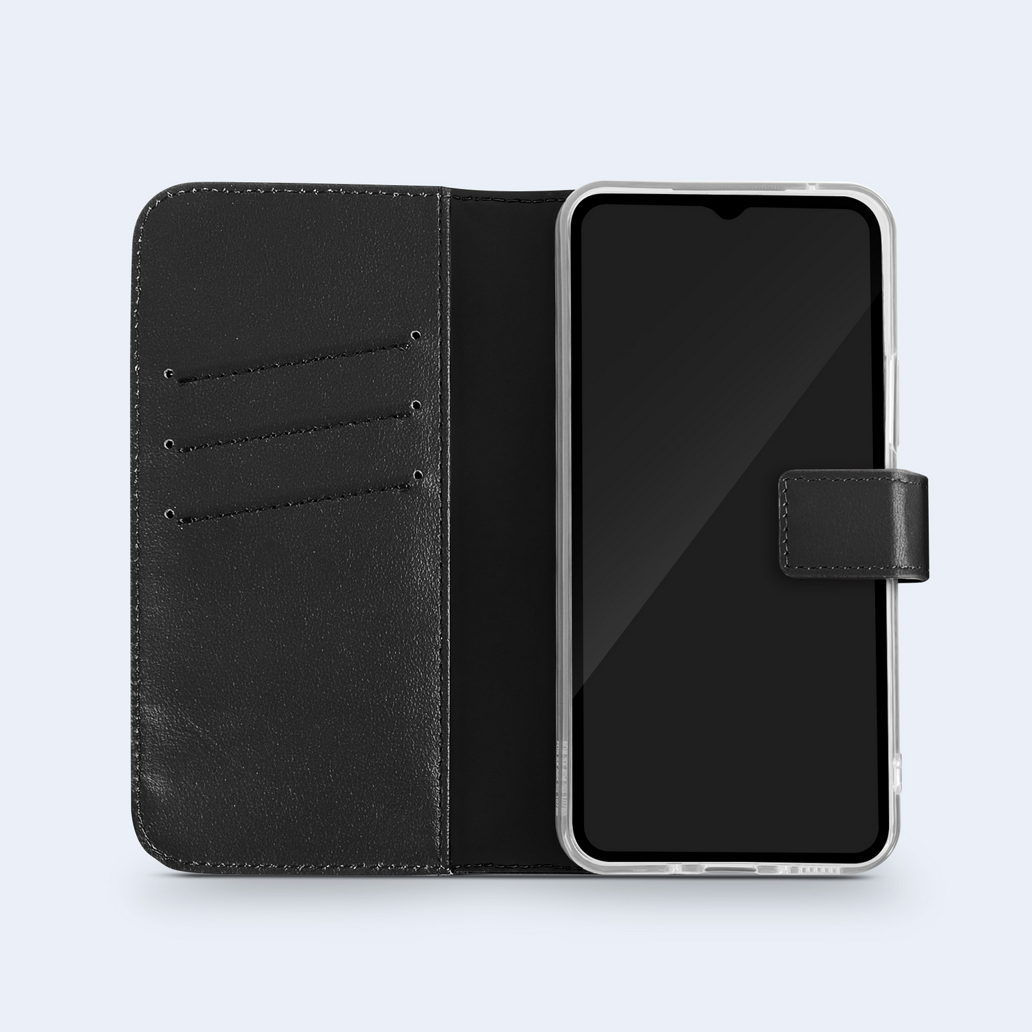 Zwarte leren telefoonhoes open, met een zwart scherm telefoon en kaartsleuven.