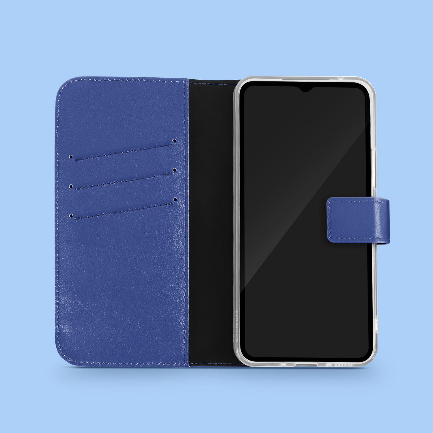 Een blauwe telefoonhoes met een telefoon erin. De hoes is open, met een blauwe sluiting.