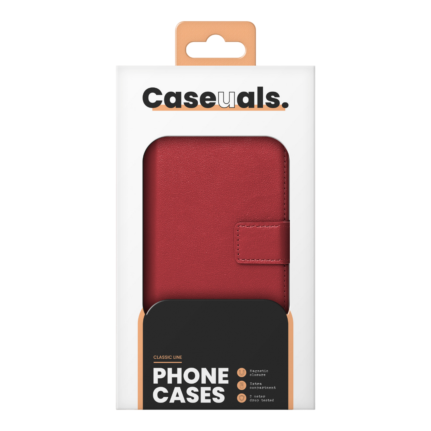 Rode telefoonhoes in verpakking, met 'Caseuals'-logo en productdetails.