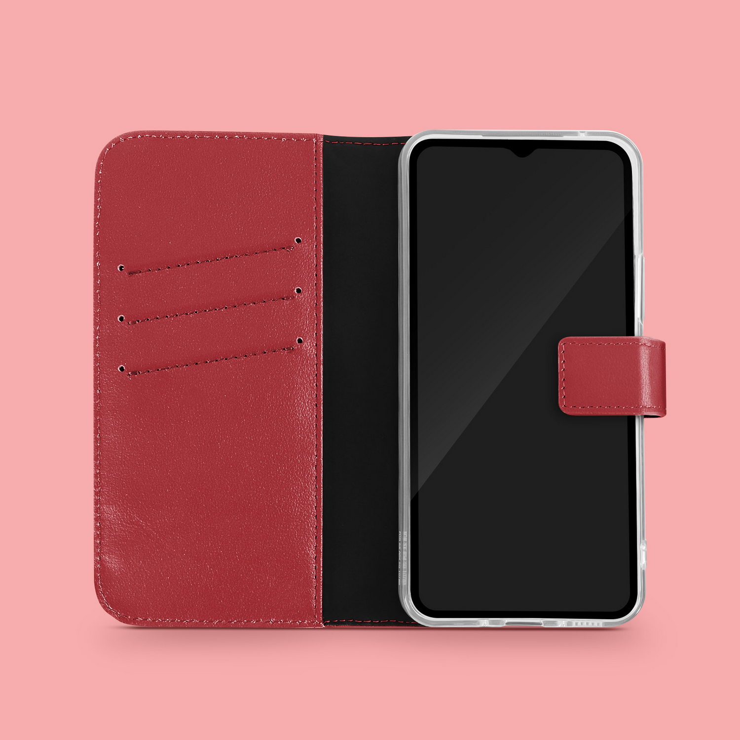 Rode leren telefoonhoes, open en toont telefoon. Zwart telefoonscherm, roze achtergrond.