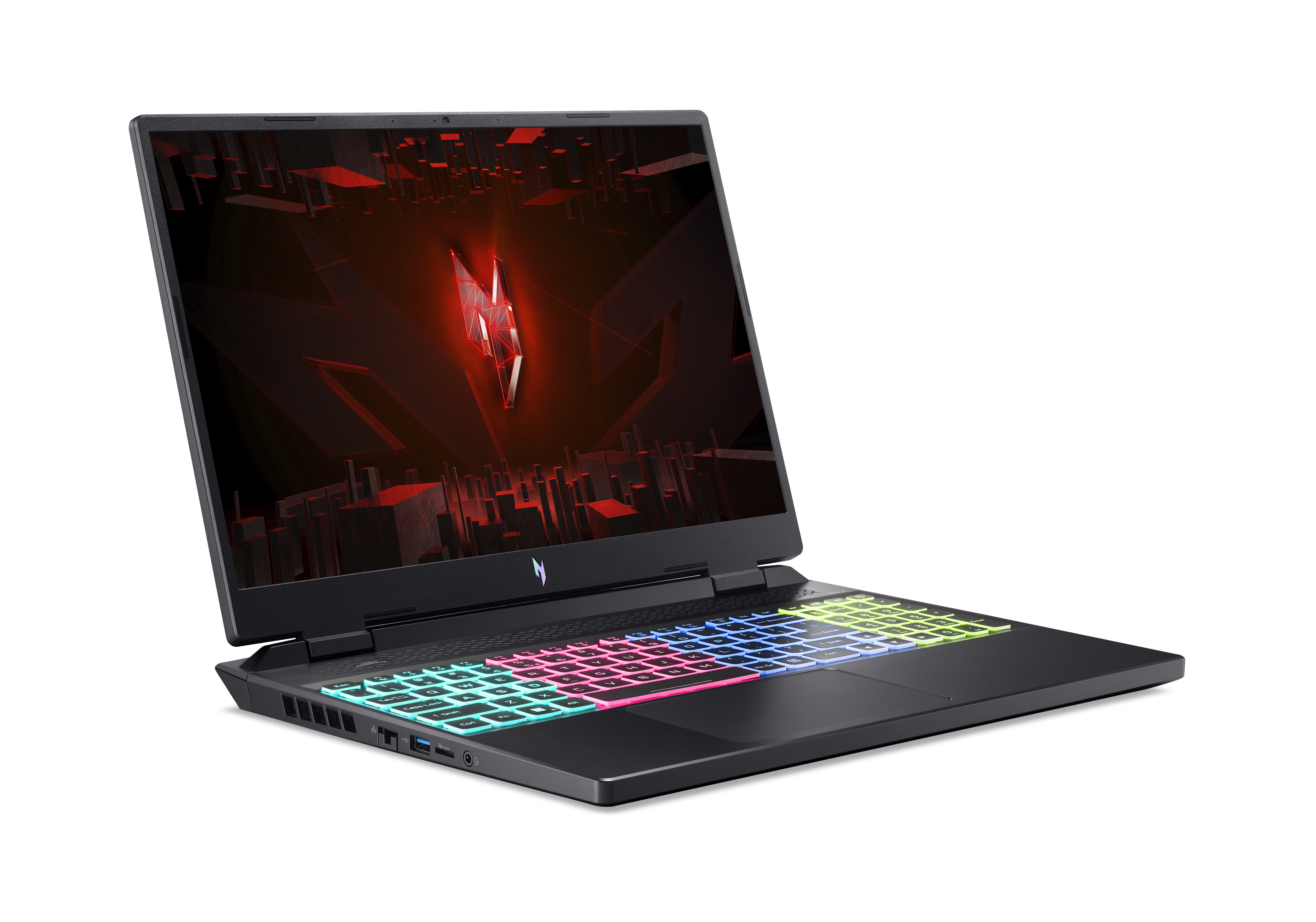 Un portátil para juegos negro con un teclado colorido.