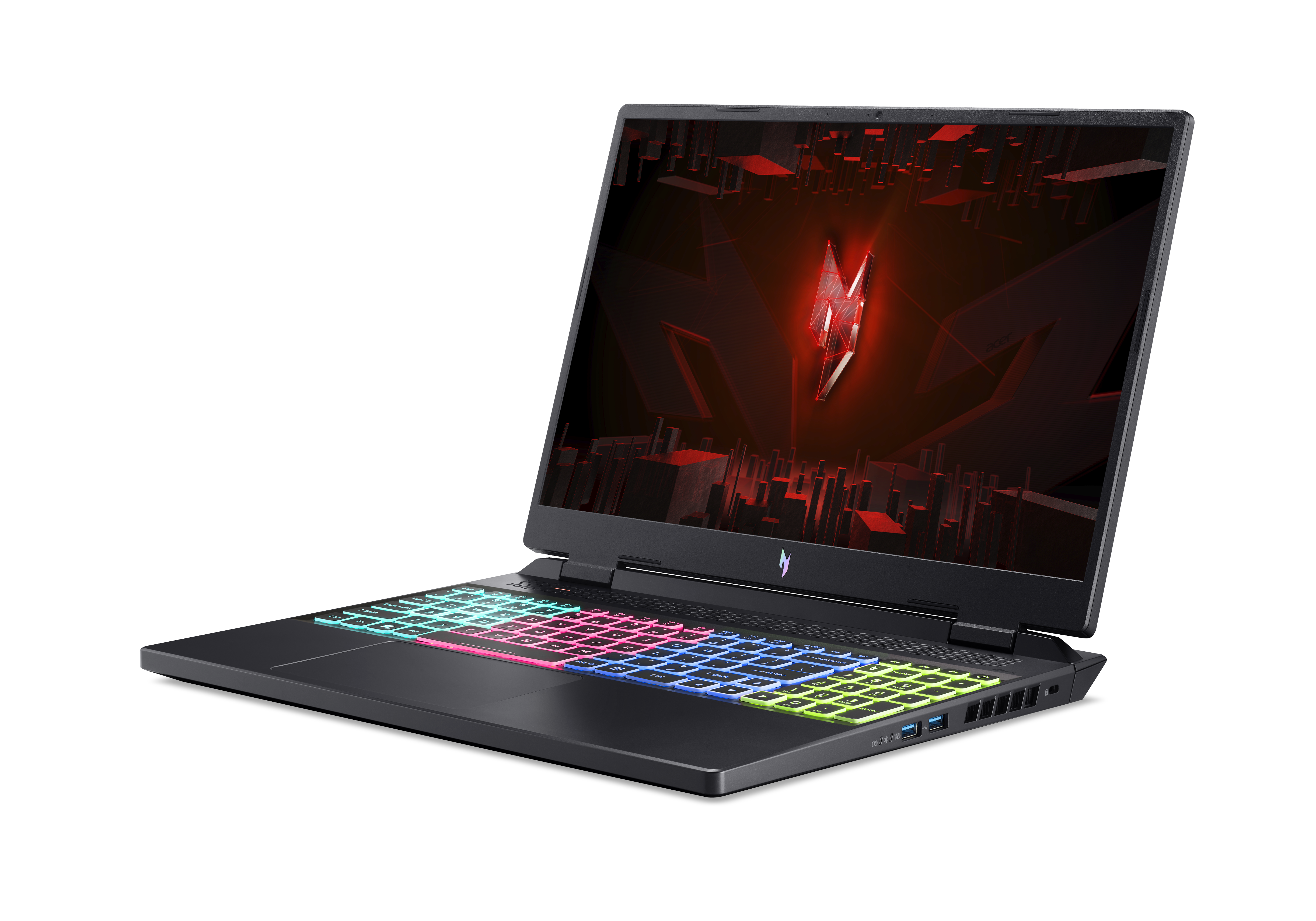 Laptop negro con teclado iluminado, la pantalla muestra un logo rojo sobre fondo negro.