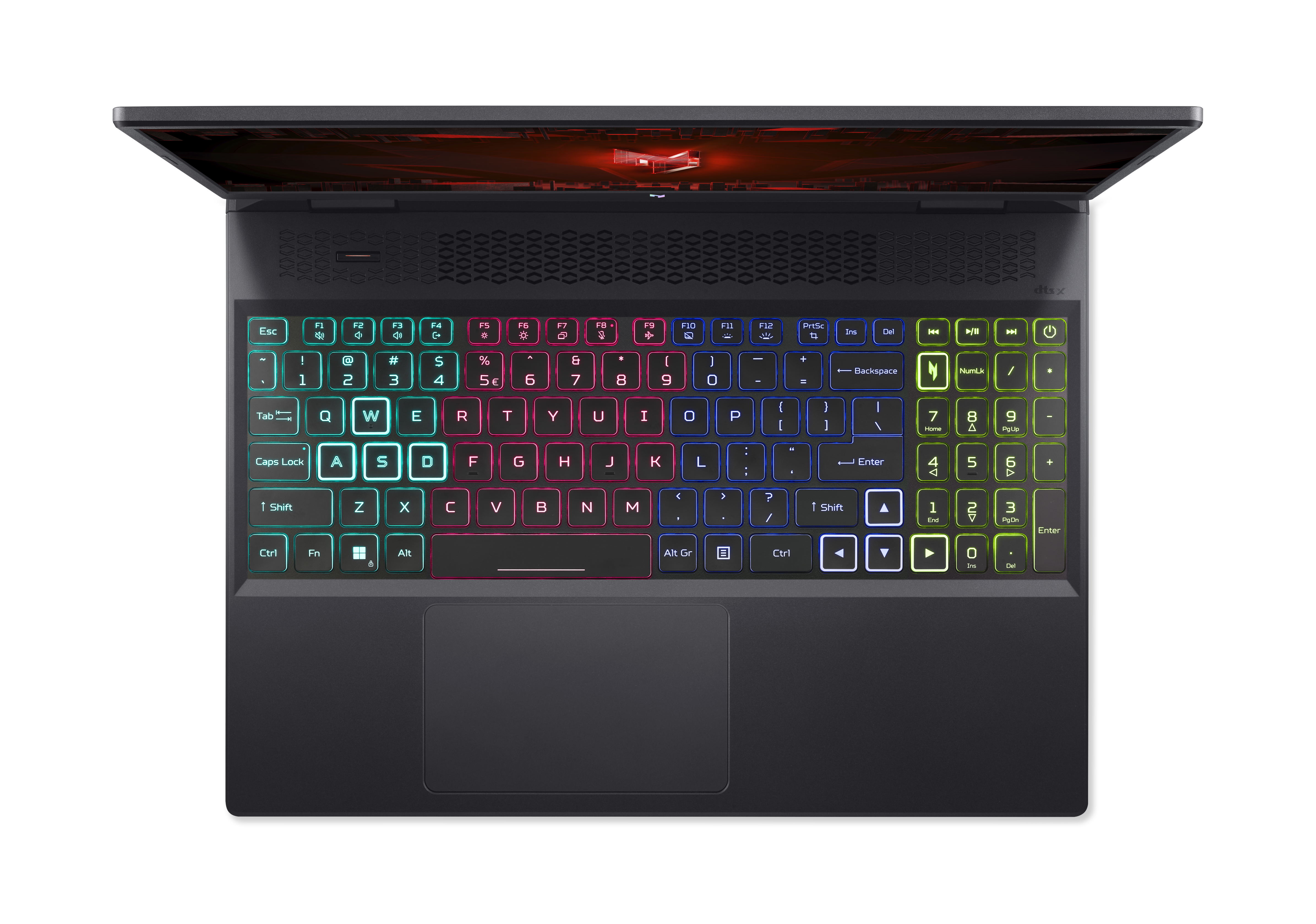 Un teclado de portátil con teclas retroiluminadas de colores, visto desde arriba, sobre fondo negro.