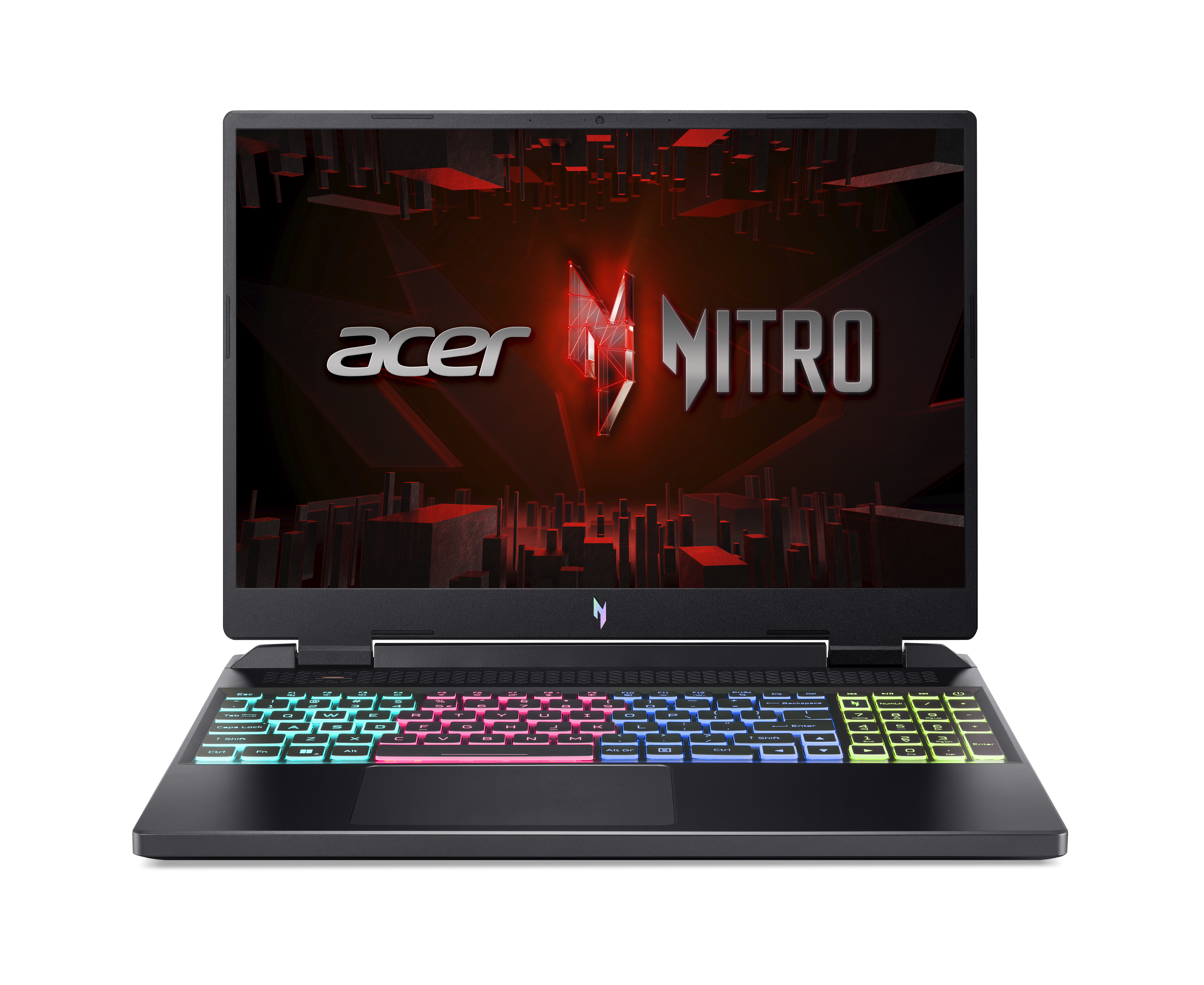 Portátil Acer Nitro con teclado iluminado y colorido y el logotipo Nitro en la pantalla.