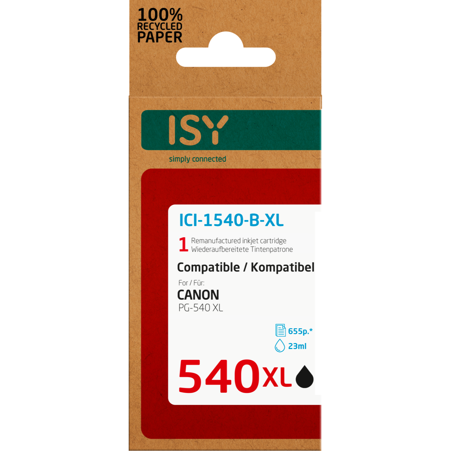 Inkjet cartridge box. Text: ISY, ICI-1540-B-XL, Compatible for Canon PG-540 XL, 540 XL.