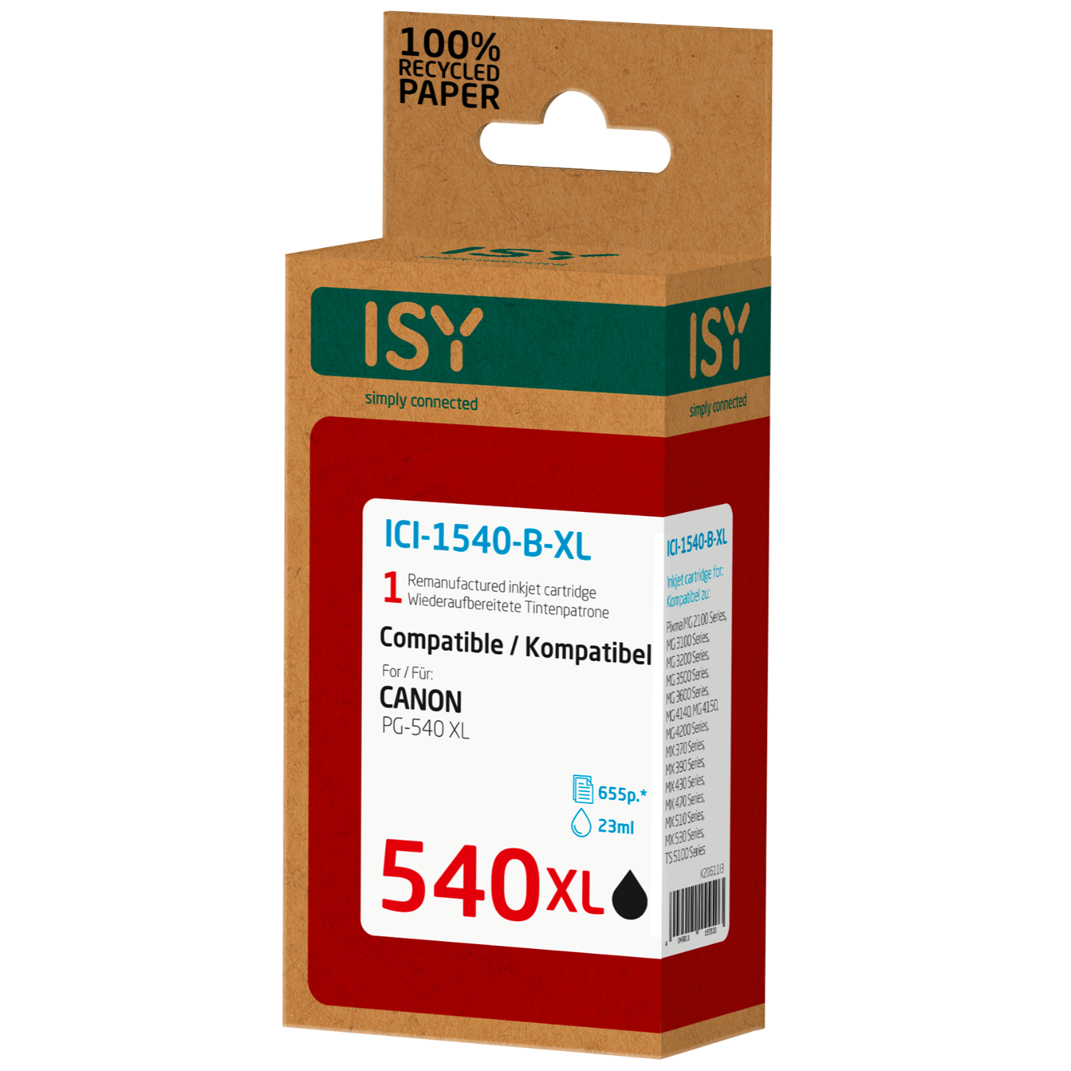ISY ink cartridge box for Canon printer, with product details and 100% recycled paper label.