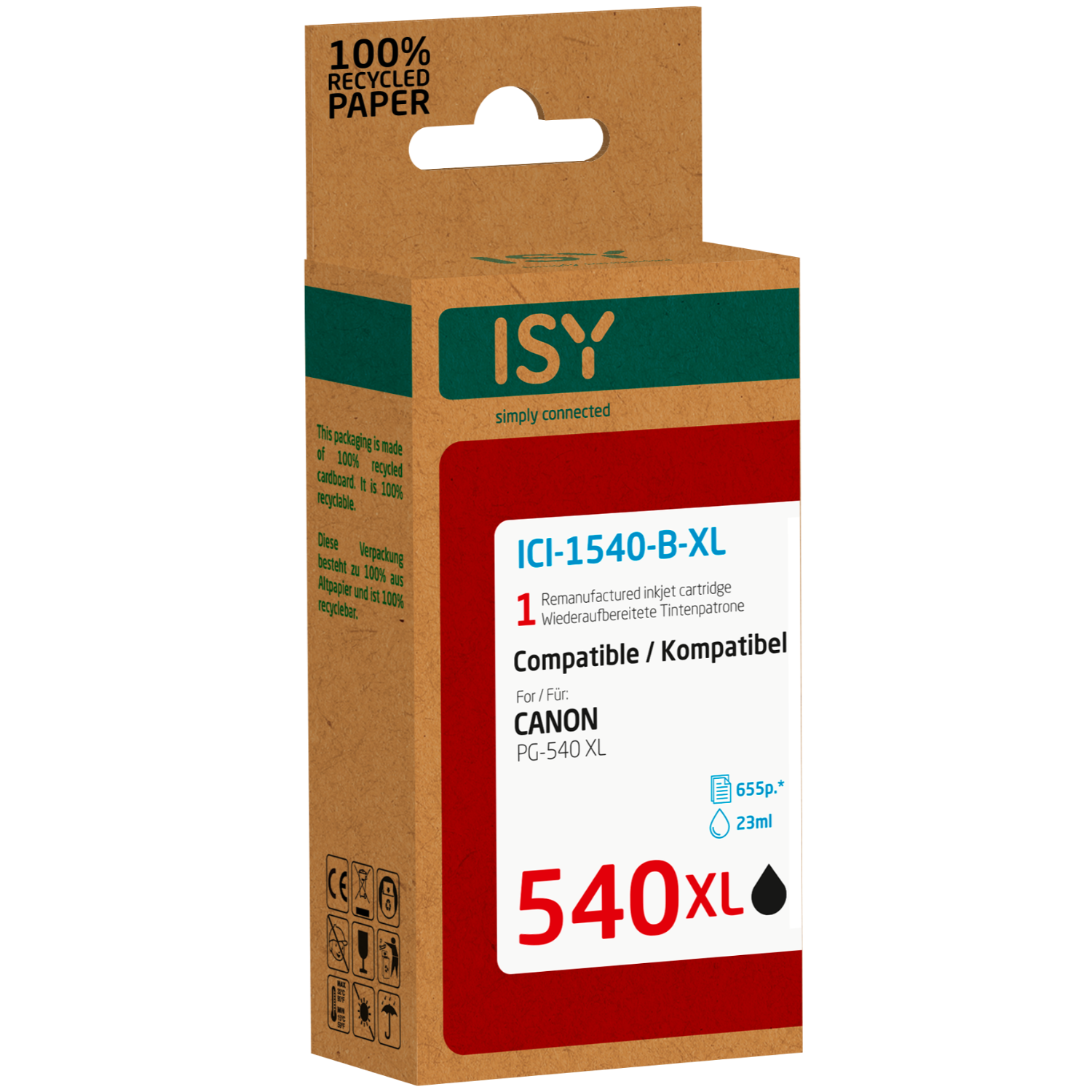 Inkjet cartridge box, brown and red. 'ISY' and 'Canon' are labeled on the box.