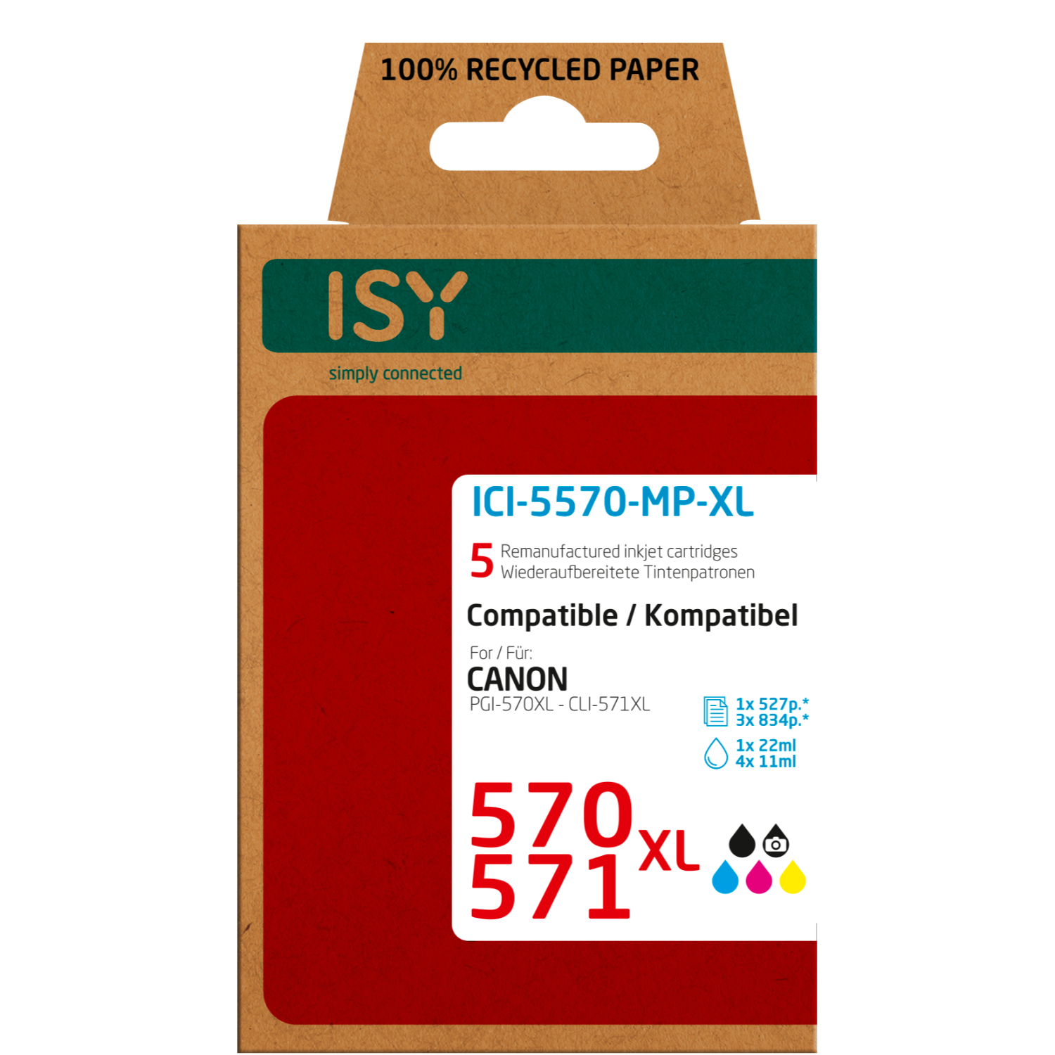 Ink cartridges in a cardboard box with product information.