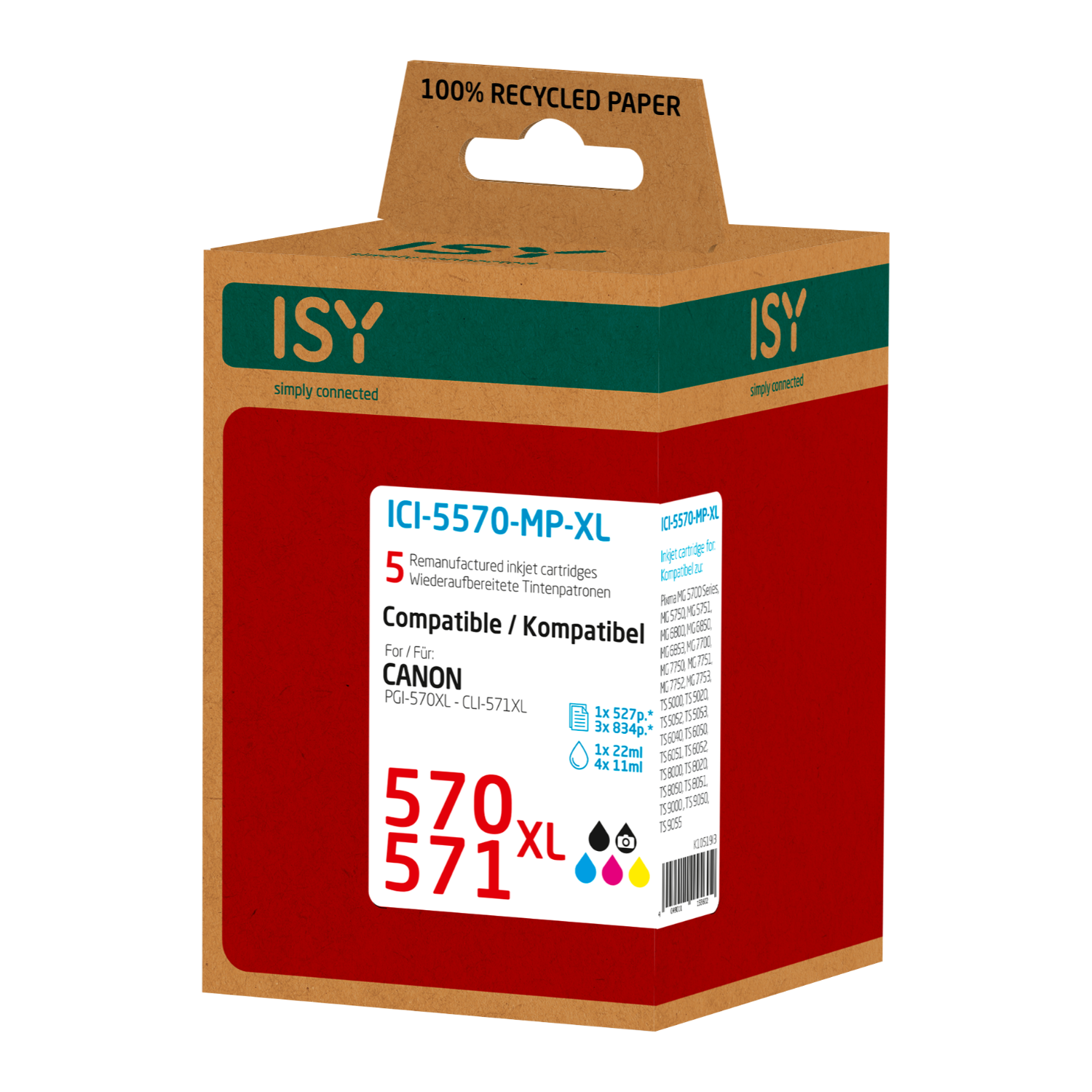 Inkjet cartridge box, brown and red. 'ISY' and 'Canon' are labeled on the box.