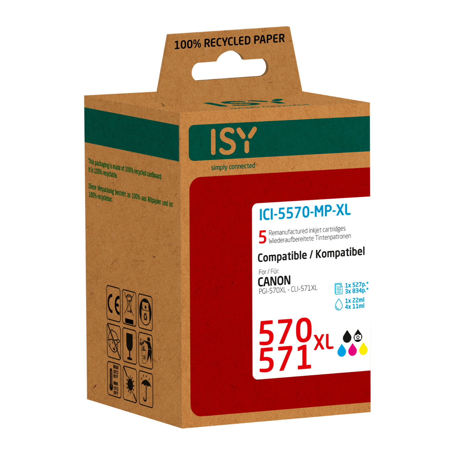 Cartridge box, brown with text and images. Recycled paper label.