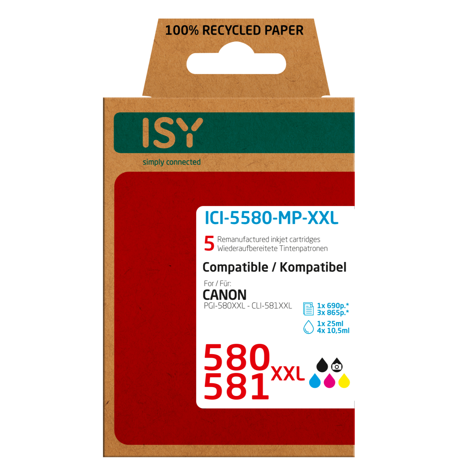 A cardboard box with a green and black label and text including 'ICI-5580-MP-XXL' and 'CANON'.