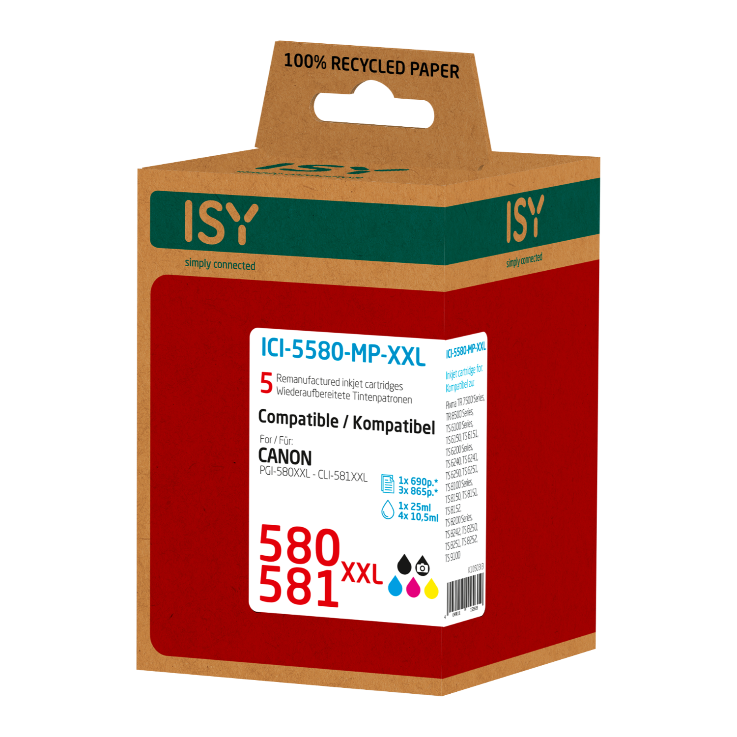 Inkjet cartridges in a cardboard box. The box is red, with the text 'ISY' and '580 581 XXL'.