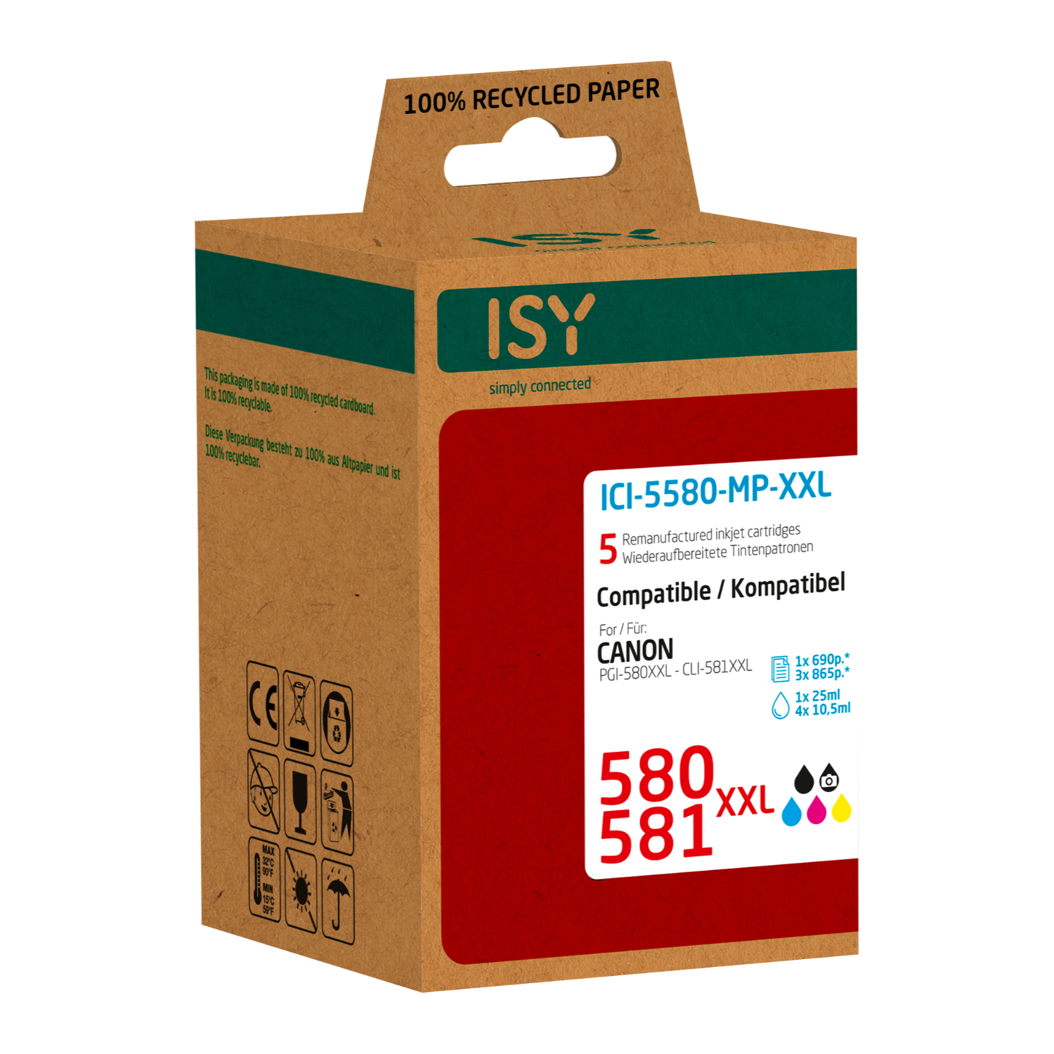 Box of ISY printer cartridges. Shows cartridges, color labels, and text about recycled paper.